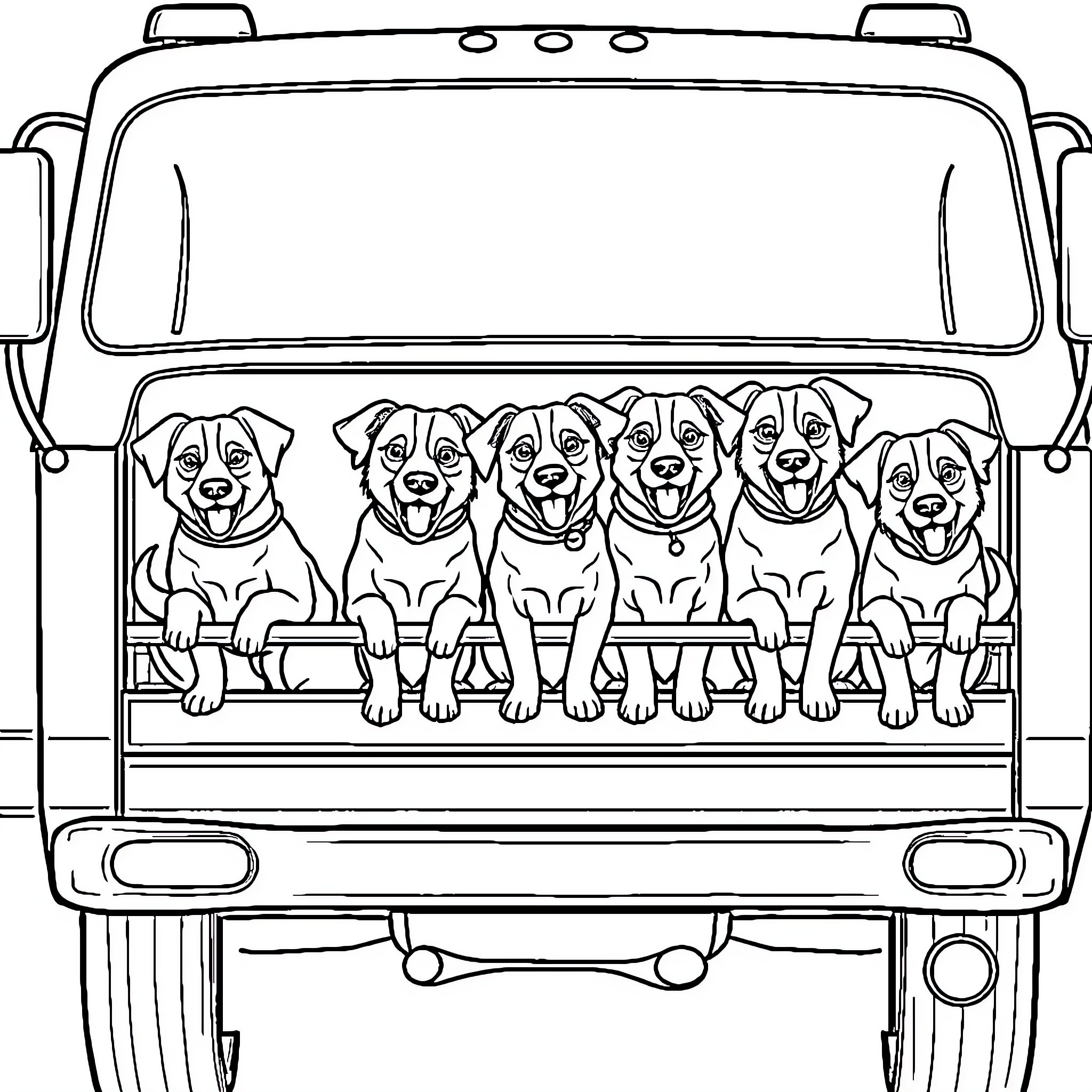 Dog Pack Enjoying a Ride in the Van Coloring Page (free black-and-white line drawing printable PDF for all, from beginners to advanced learners, including children, teens, adults, and seniors)