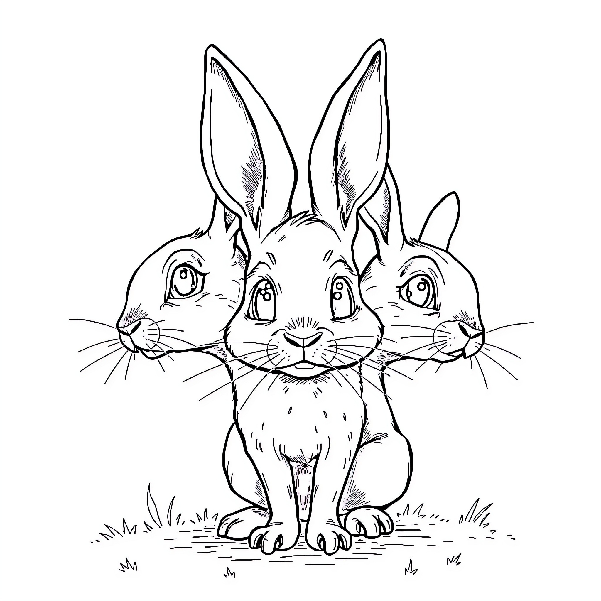 Rabbit trio staring curiously Coloring Page (free black-and-white line drawing printable PDF for all, from beginners to advanced learners, including children, teens, adults, and seniors)
