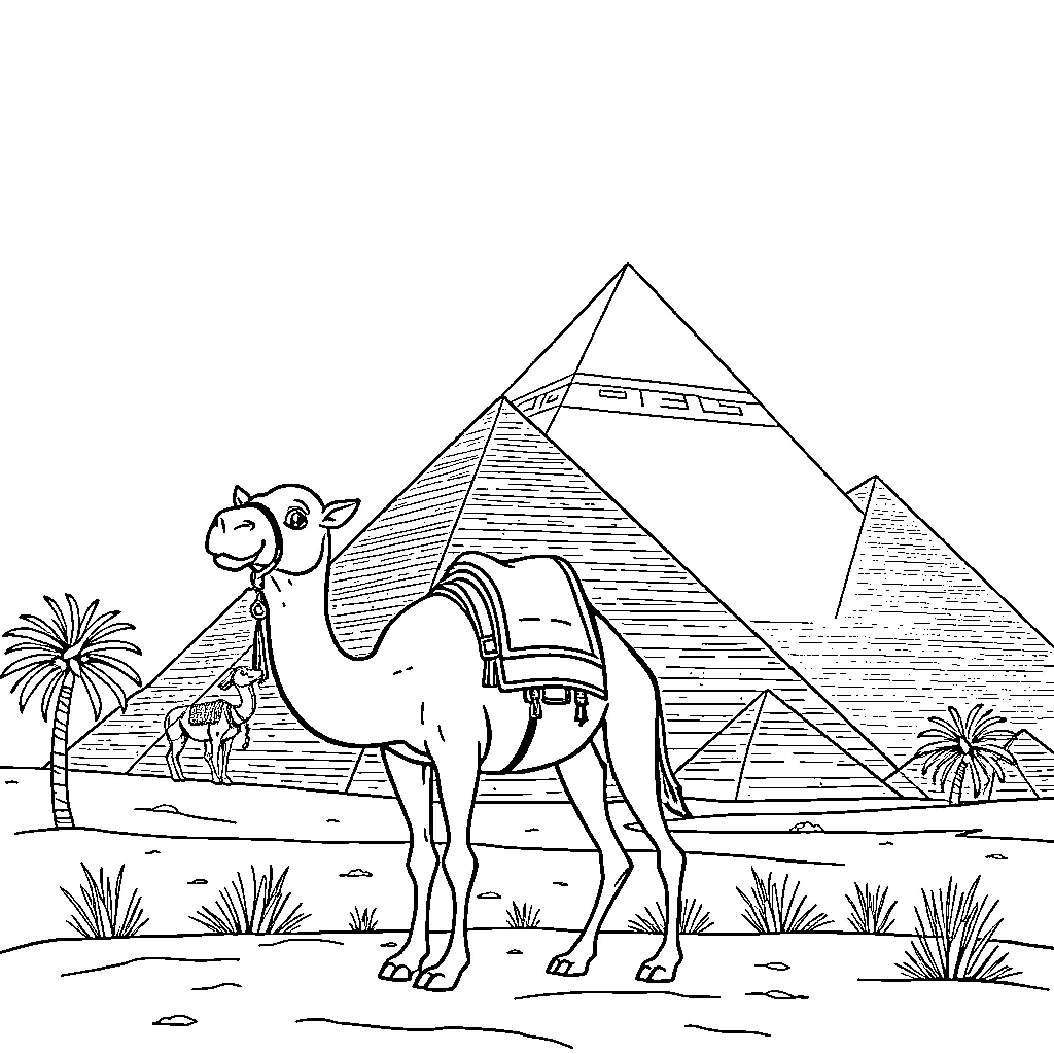 Camel walking near Egyptian pyramids Coloring Page (free black-and-white line drawing printable PDF for all, from beginners to advanced learners, including children, teens, adults, and seniors)
