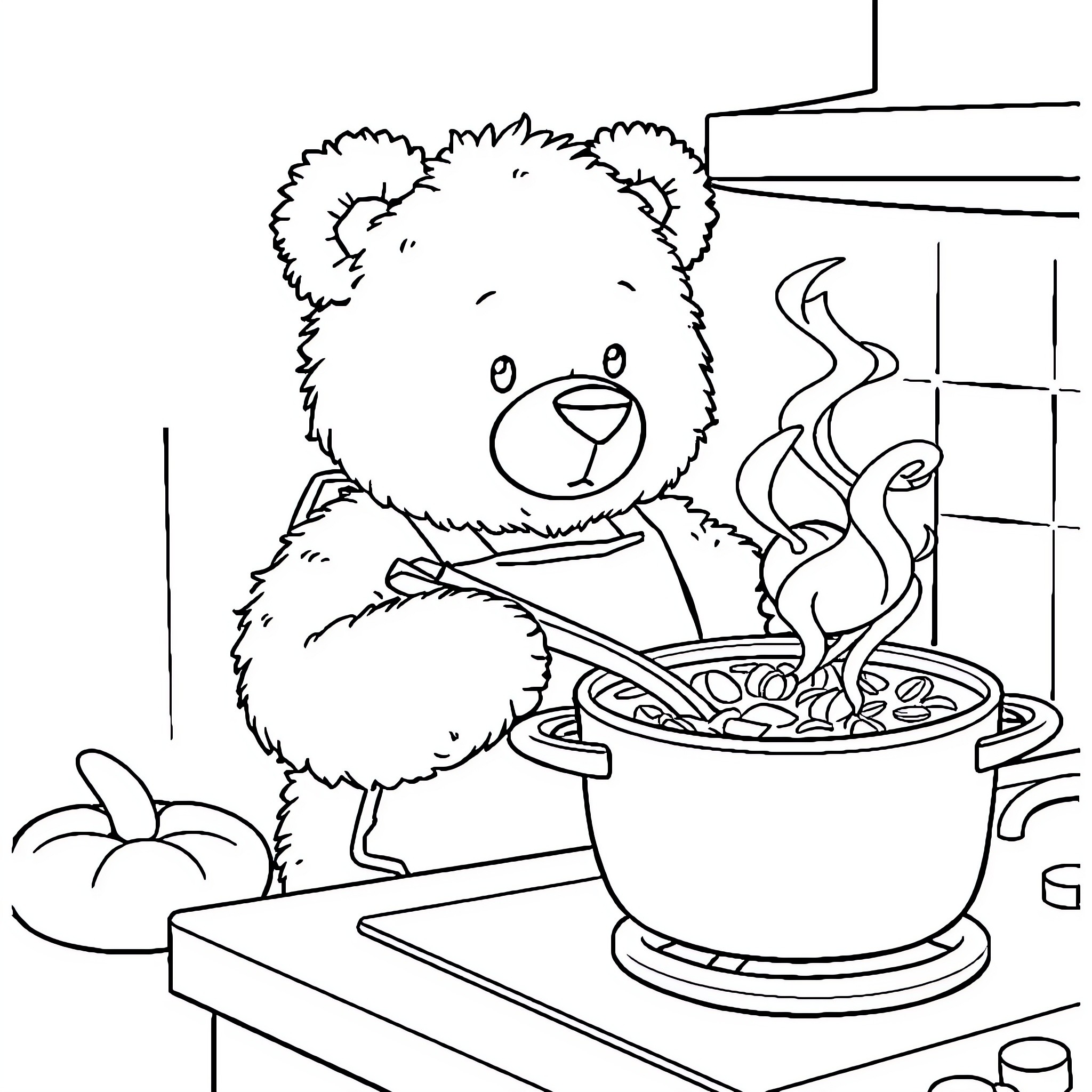 Teddy Bear Cooking a Warm Meal Coloring Page (free black-and-white line drawing printable PDF for all, from beginners to advanced learners, including children, teens, adults, and seniors)