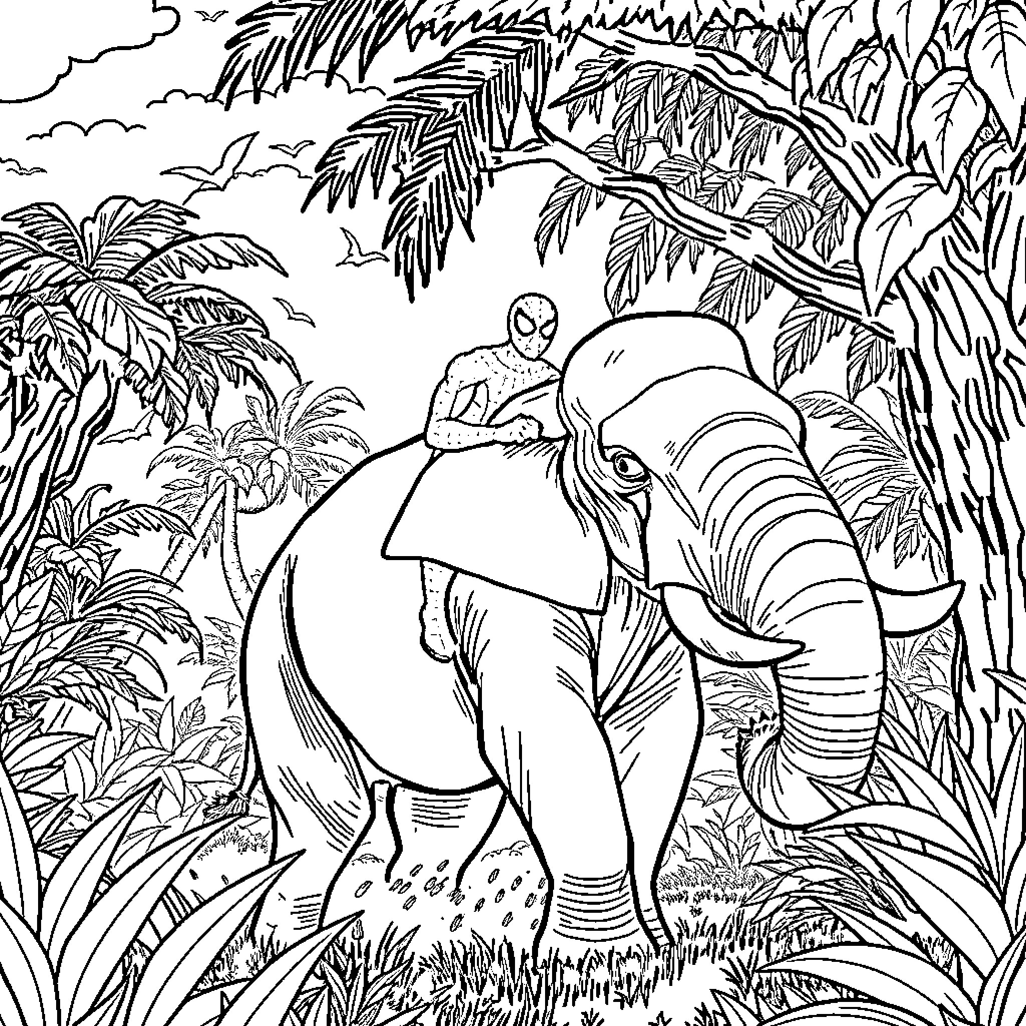 Spiderman exploring the jungle with a large elephant Coloring Page (free black-and-white line drawing printable PDF for all, from beginners to advanced learners, including children, teens, adults, and seniors)