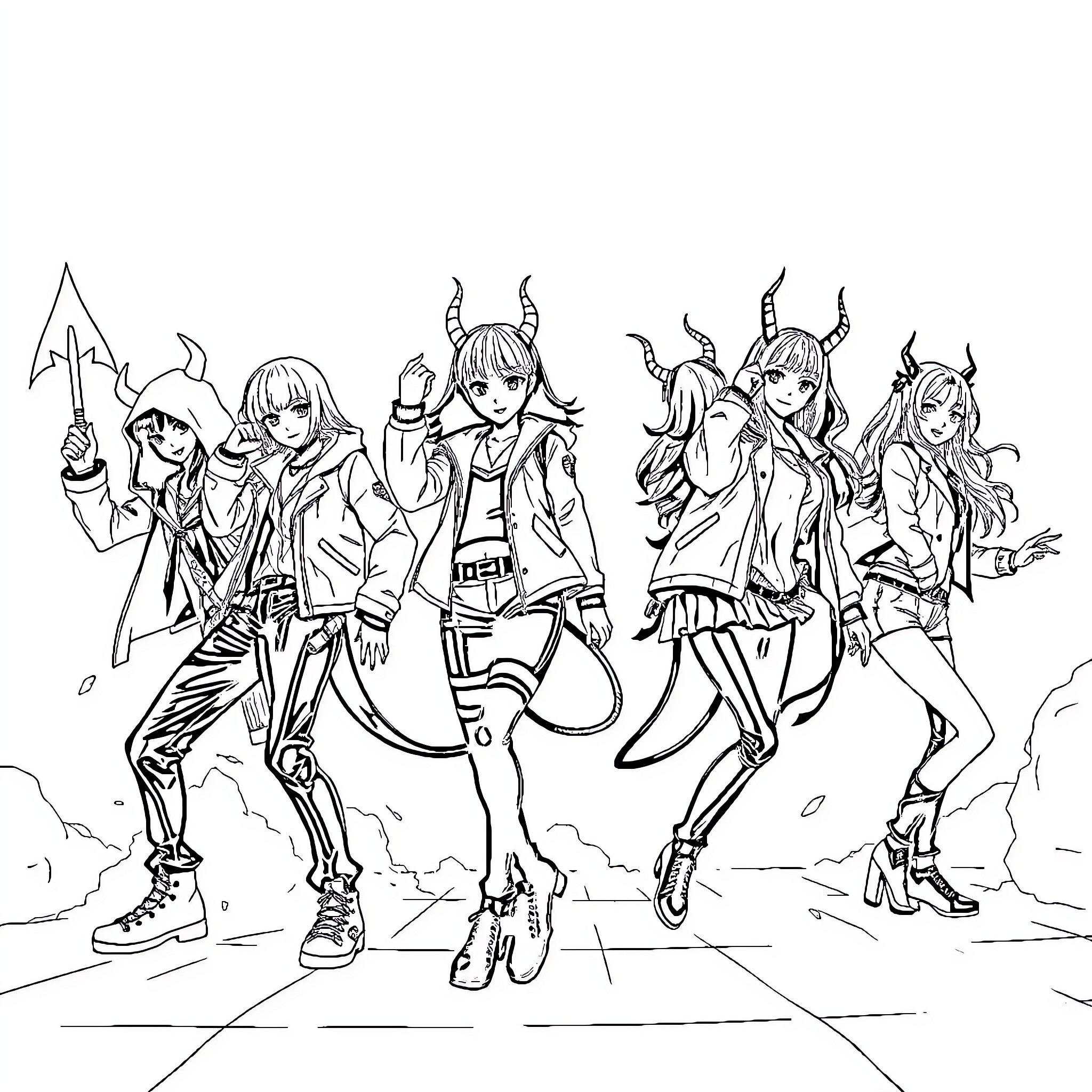 Demon-Themed Characters Striking Energetic Poses Coloring Page (free black-and-white line drawing printable PDF for all, from beginners to advanced learners, including children, teens, adults, and seniors)