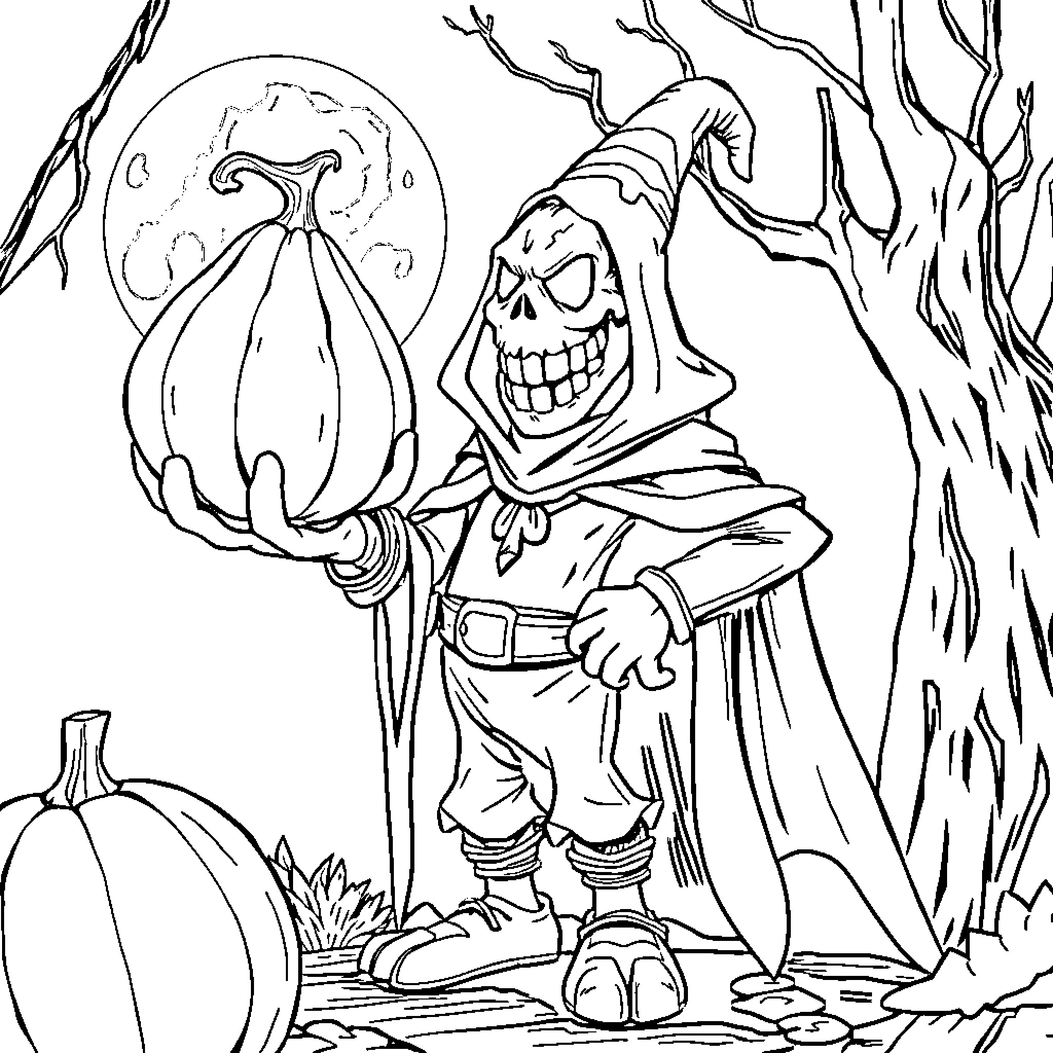 Bucky the Skeletal Scarecrow in the Moonlit Woods Coloring Page (free black-and-white line drawing printable PDF for all, from beginners to advanced learners, including children, teens, adults, and seniors)