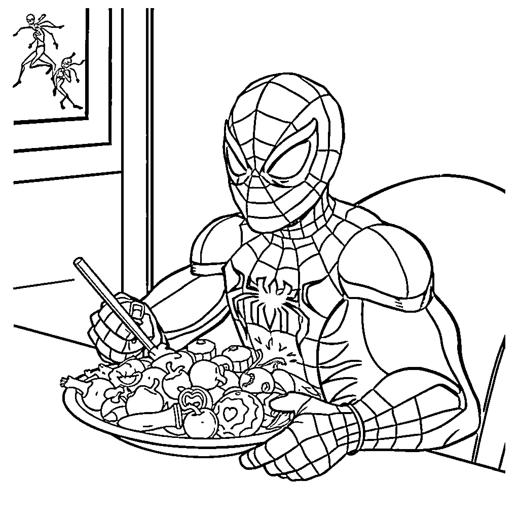 Spiderman Eating His Favorite Meal Coloring Page (free black-and-white line drawing printable PDF for all, from beginners to advanced learners, including children, teens, adults, and seniors)