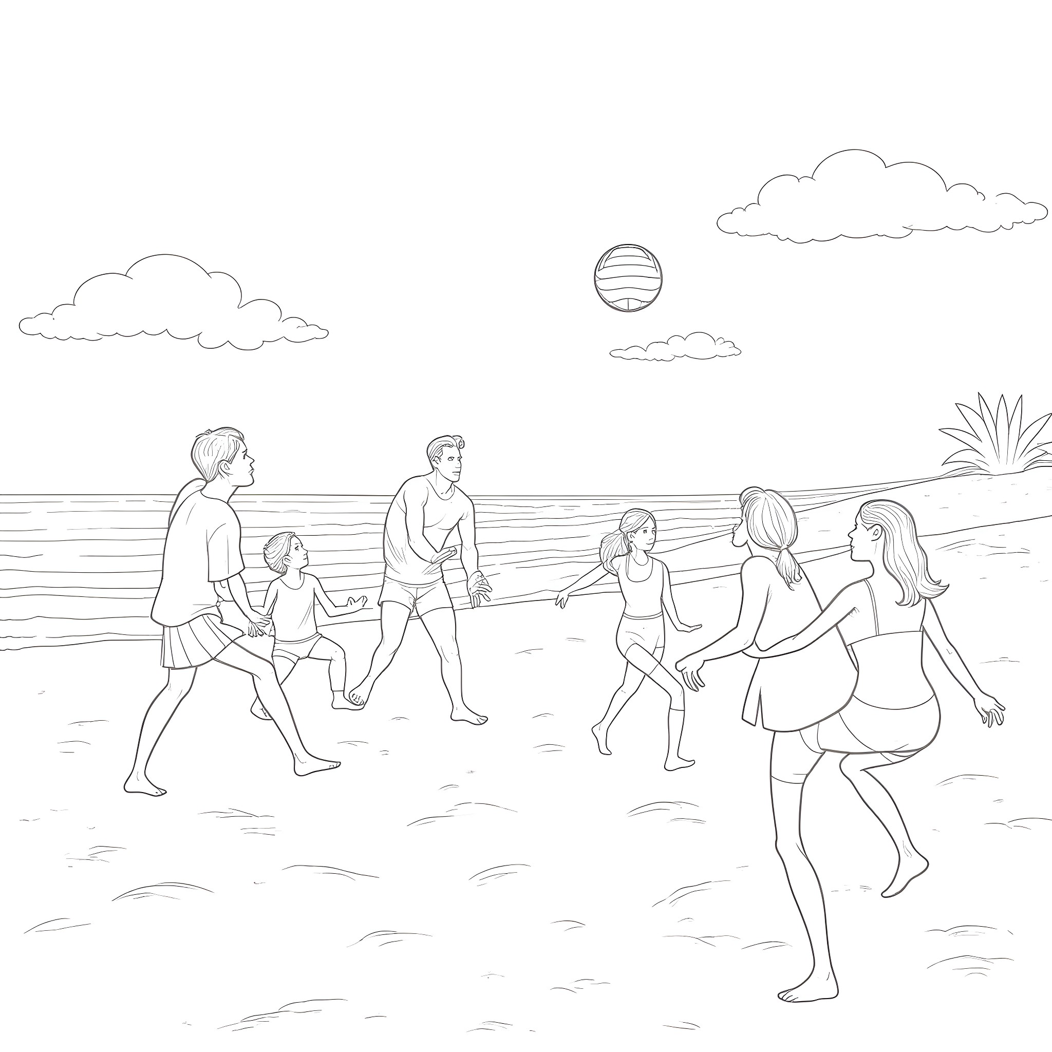Superman and friends enjoying a day at the beach Coloring Page (free black-and-white line drawing printable PDF for all, from beginners to advanced learners, including children, teens, adults, and seniors)