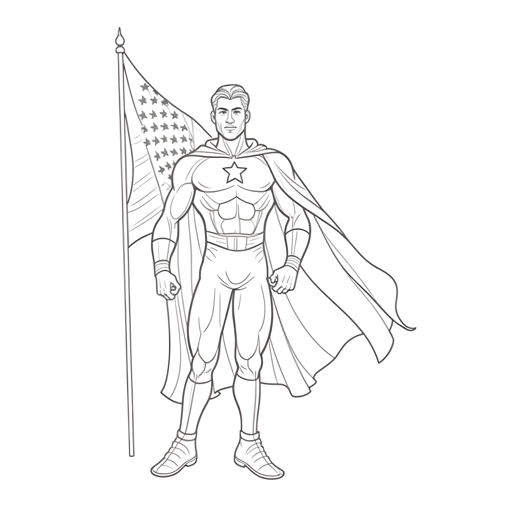 Hero stands tall with patriotic flag Coloring Page (free black-and-white line drawing printable PDF for all, from beginners to advanced learners, including children, teens, adults, and seniors)