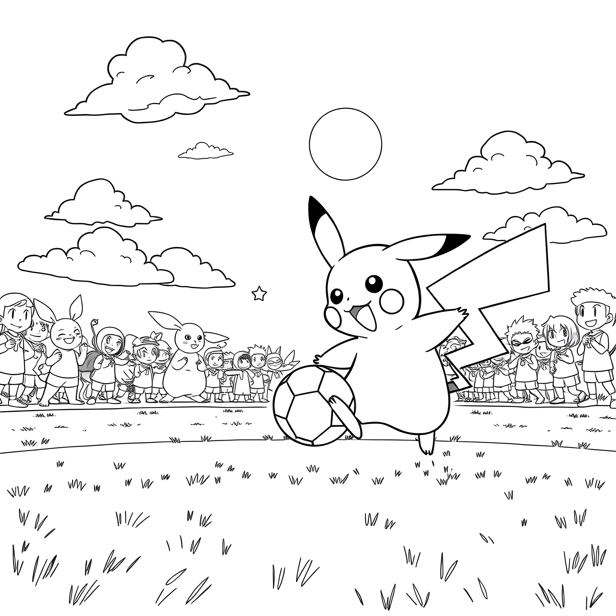 Pikachu playing with friends in a grassy field Coloring Page (free black-and-white line drawing printable PDF for all, from beginners to advanced learners, including children, teens, adults, and seniors)
