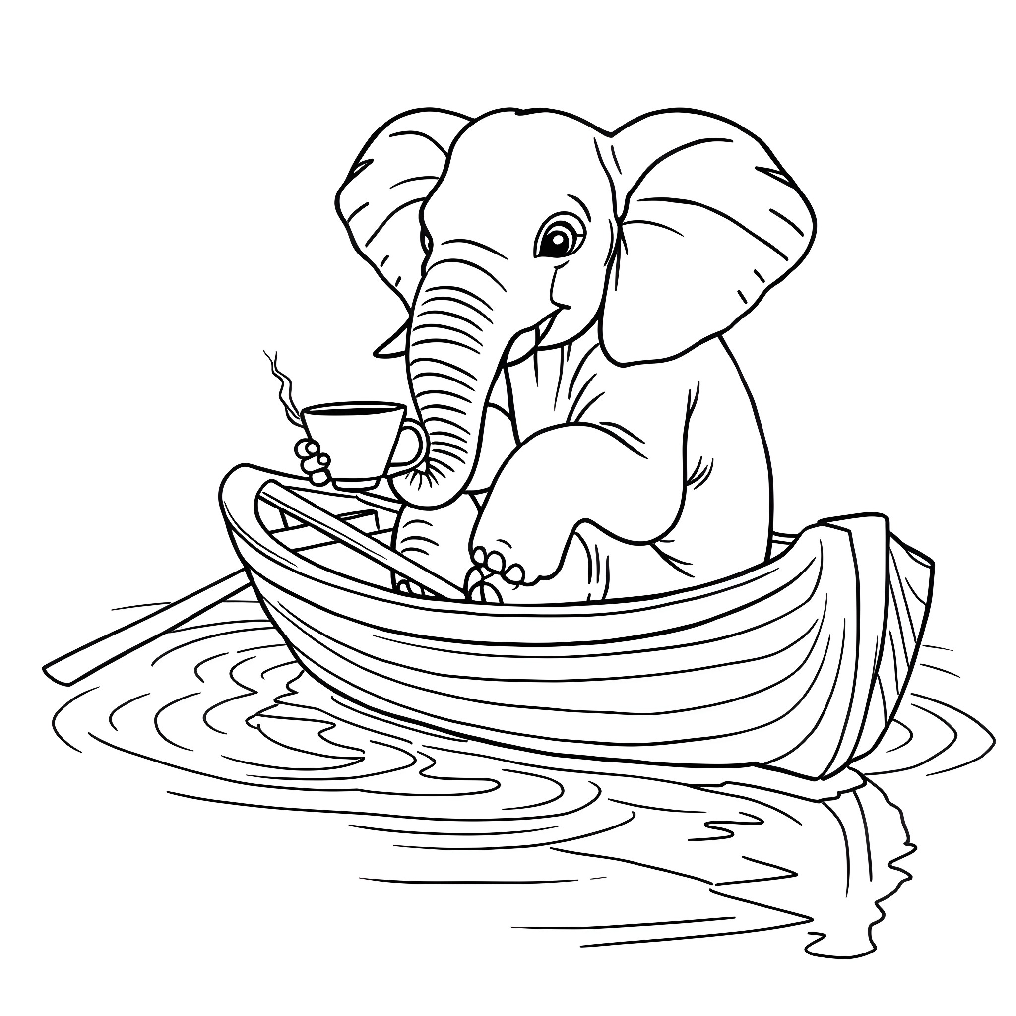 Elephant sailing peacefully in a boat Coloring Page (free black-and-white line drawing printable PDF for all, from beginners to advanced learners, including children, teens, adults, and seniors)