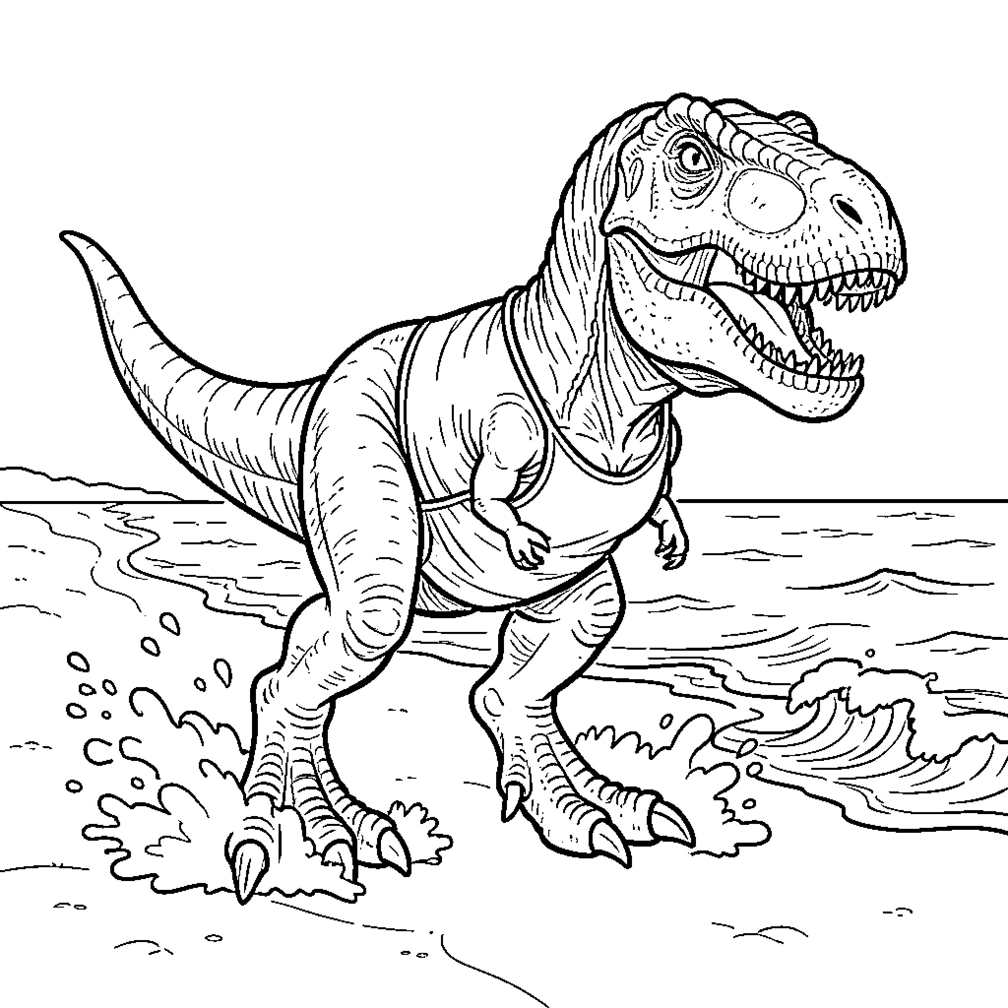 T-Rex wearing a tank top walking on the beach Coloring Page (free black-and-white line drawing printable PDF for all, from beginners to advanced learners, including children, teens, adults, and seniors)