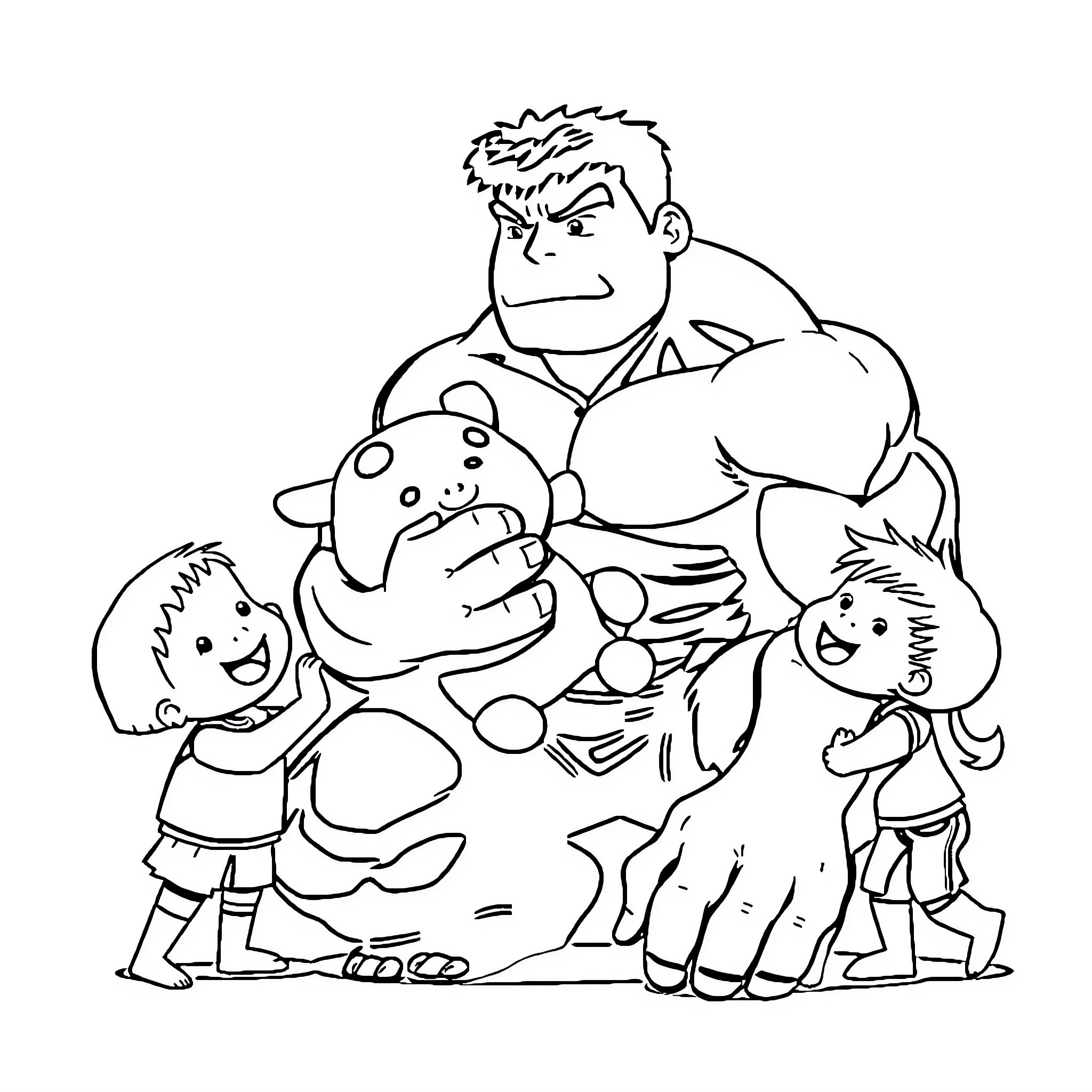 Hulk carrying friends with joy Coloring Page (free black-and-white line drawing printable PDF for all, from beginners to advanced learners, including children, teens, adults, and seniors)
