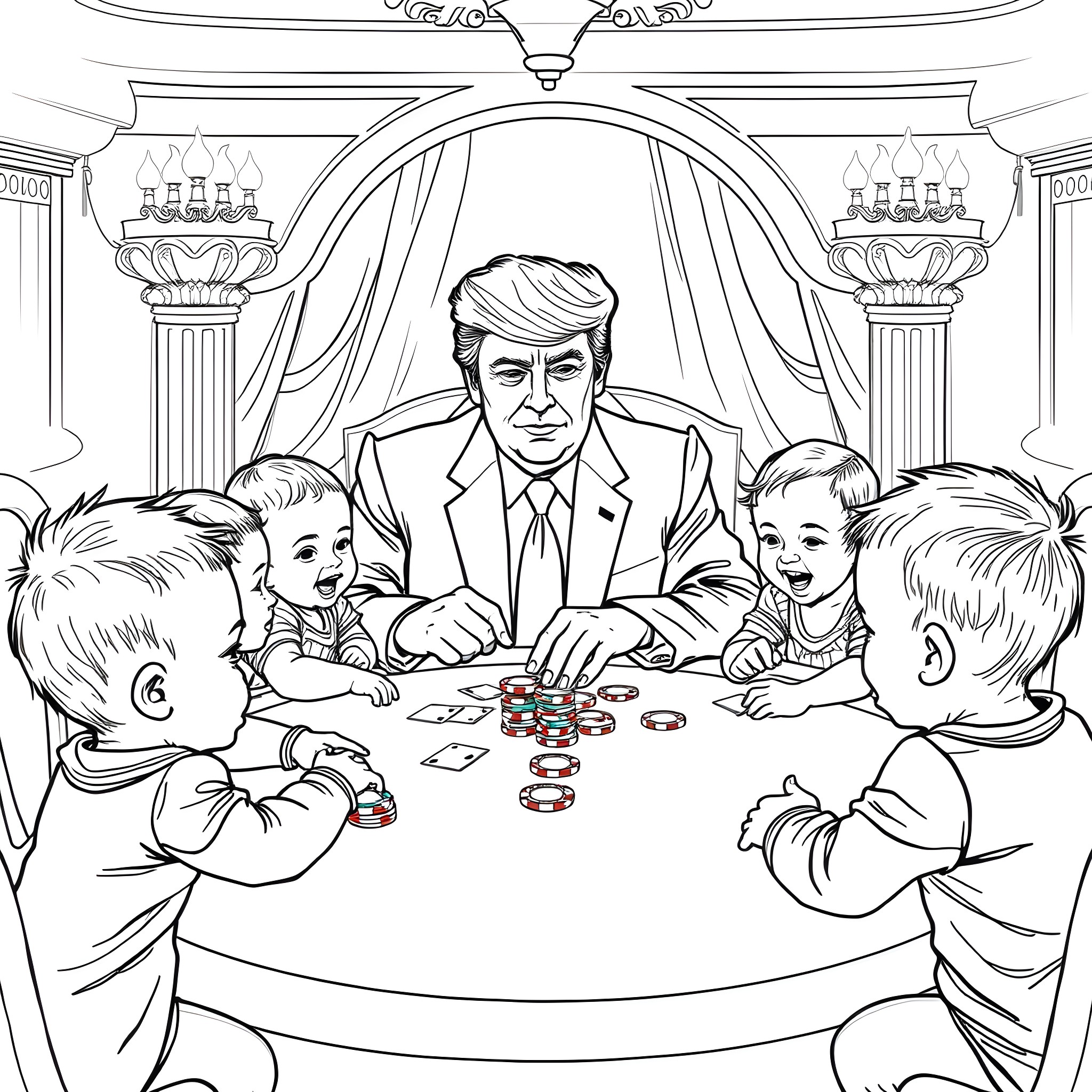 Donald Trump Playing Cards with Children in Fancy Room Coloring Page (free black-and-white line drawing printable PDF for all, from beginners to advanced learners, including children, teens, adults, and seniors)