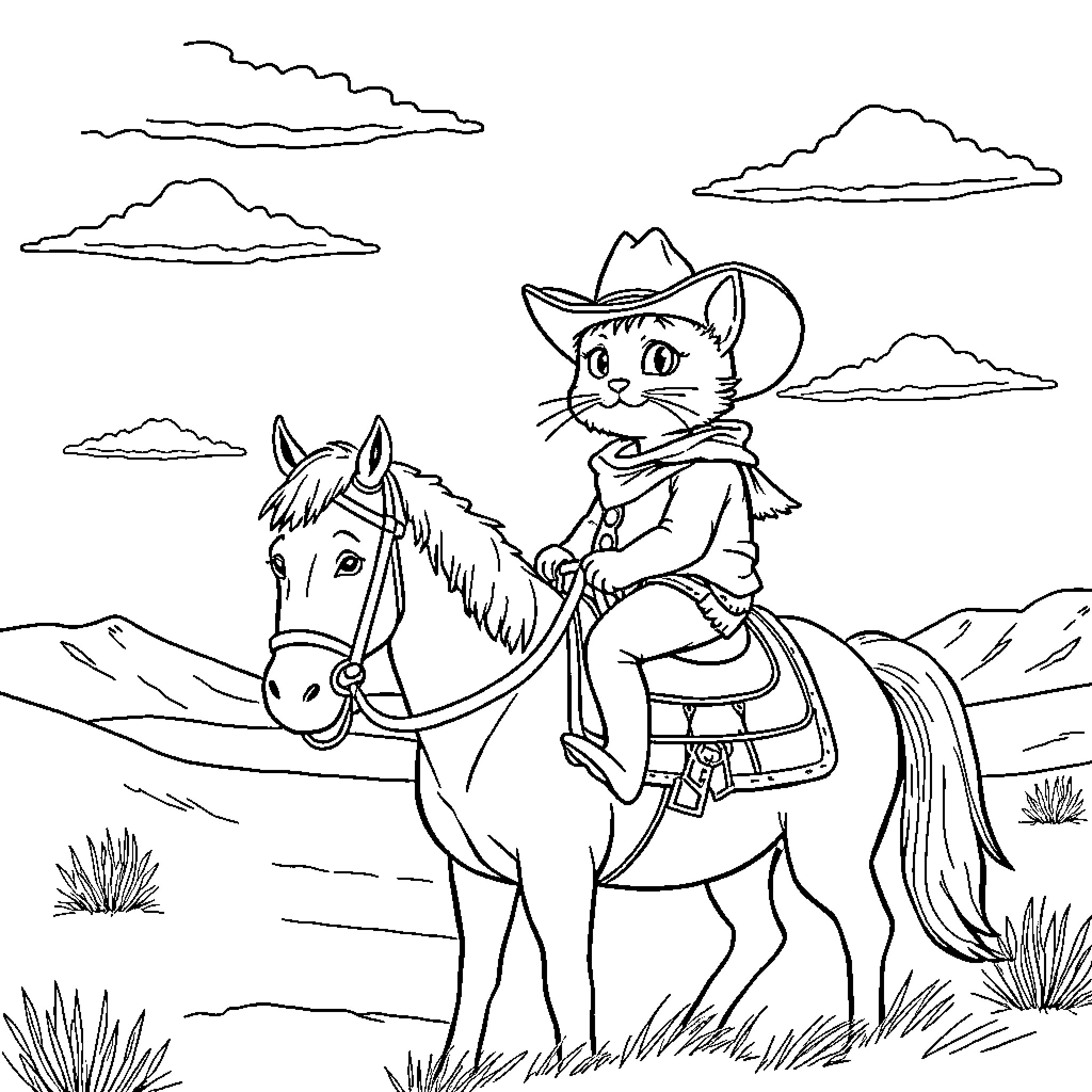 Cat Cowboy Riding Horse in Countryside Coloring Page (free black-and-white line drawing printable PDF for all, from beginners to advanced learners, including children, teens, adults, and seniors)
