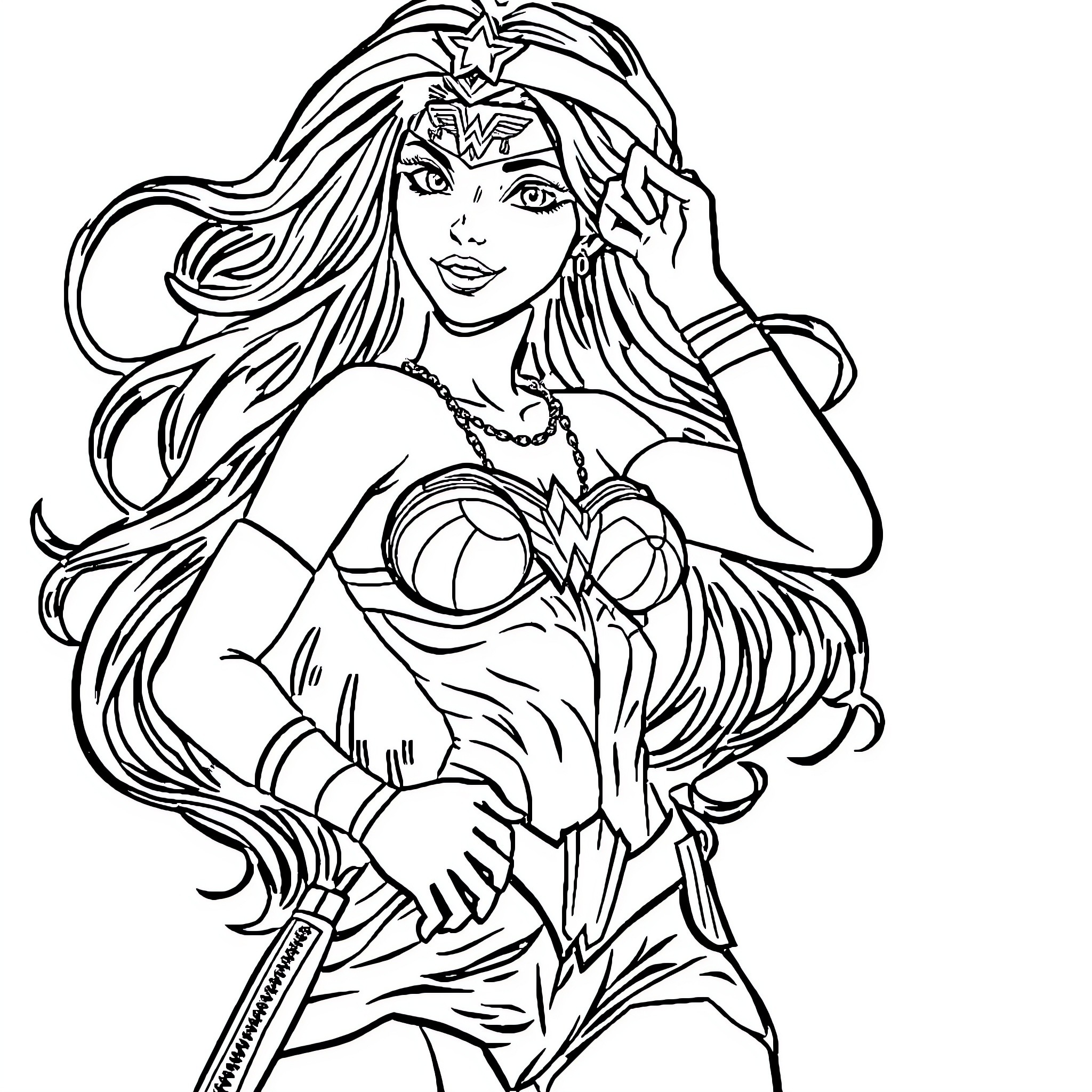 Wonder Woman in heroic pose with sword and shield Coloring Page (free black-and-white line drawing printable PDF for all, from beginners to advanced learners, including children, teens, adults, and seniors)