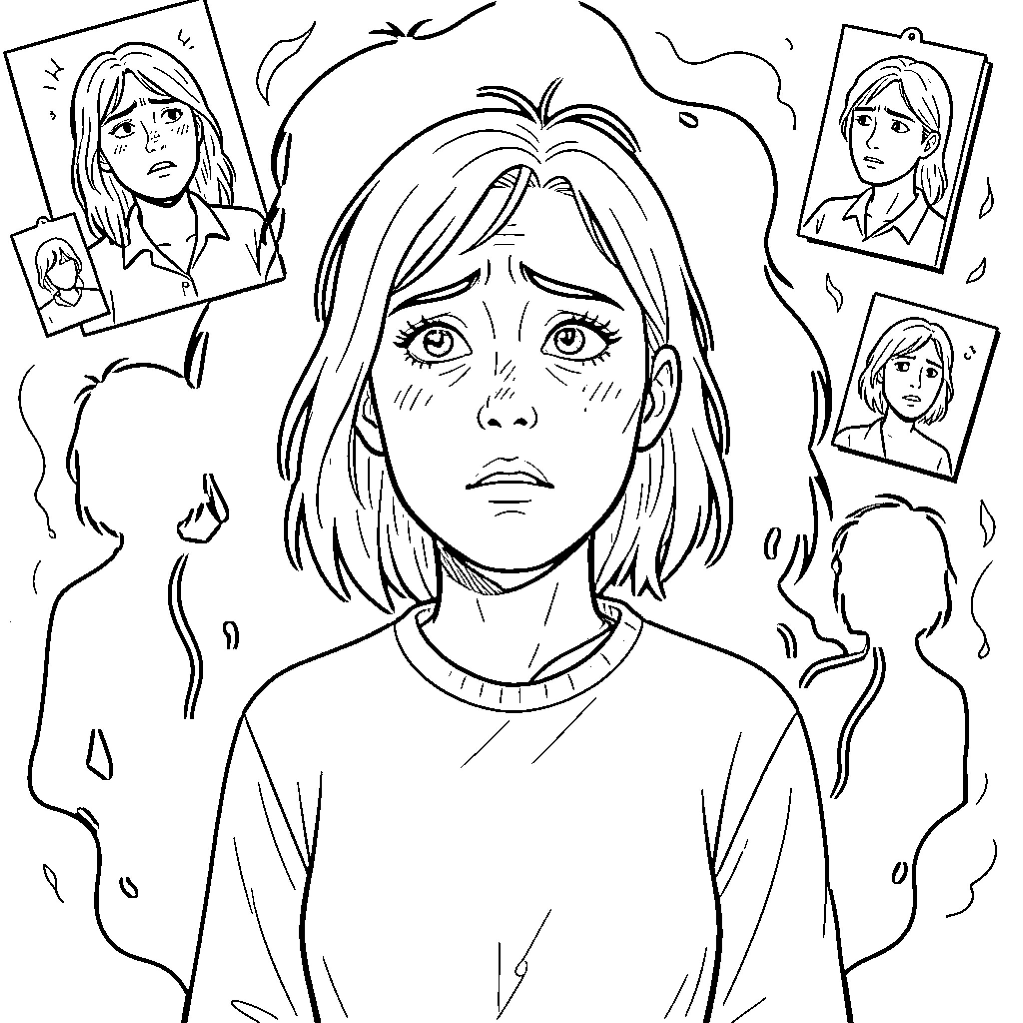Amnesia: Troubled Woman Haunted by Fragmented Memories Coloring Page (free black-and-white line drawing printable PDF for all, from beginners to advanced learners, including children, teens, adults, and seniors)