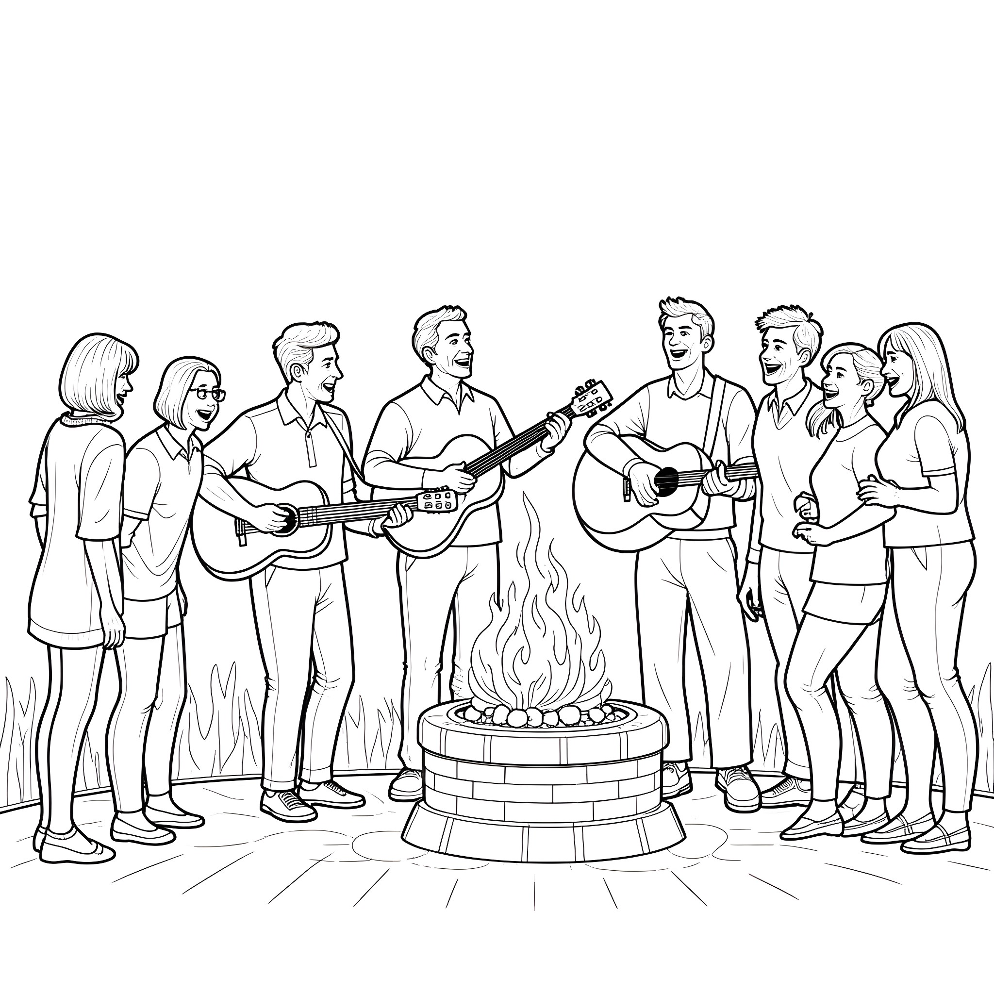Group of friends enjoying a campfire sing-along Coloring Page (free black-and-white line drawing printable PDF for all, from beginners to advanced learners, including children, teens, adults, and seniors)