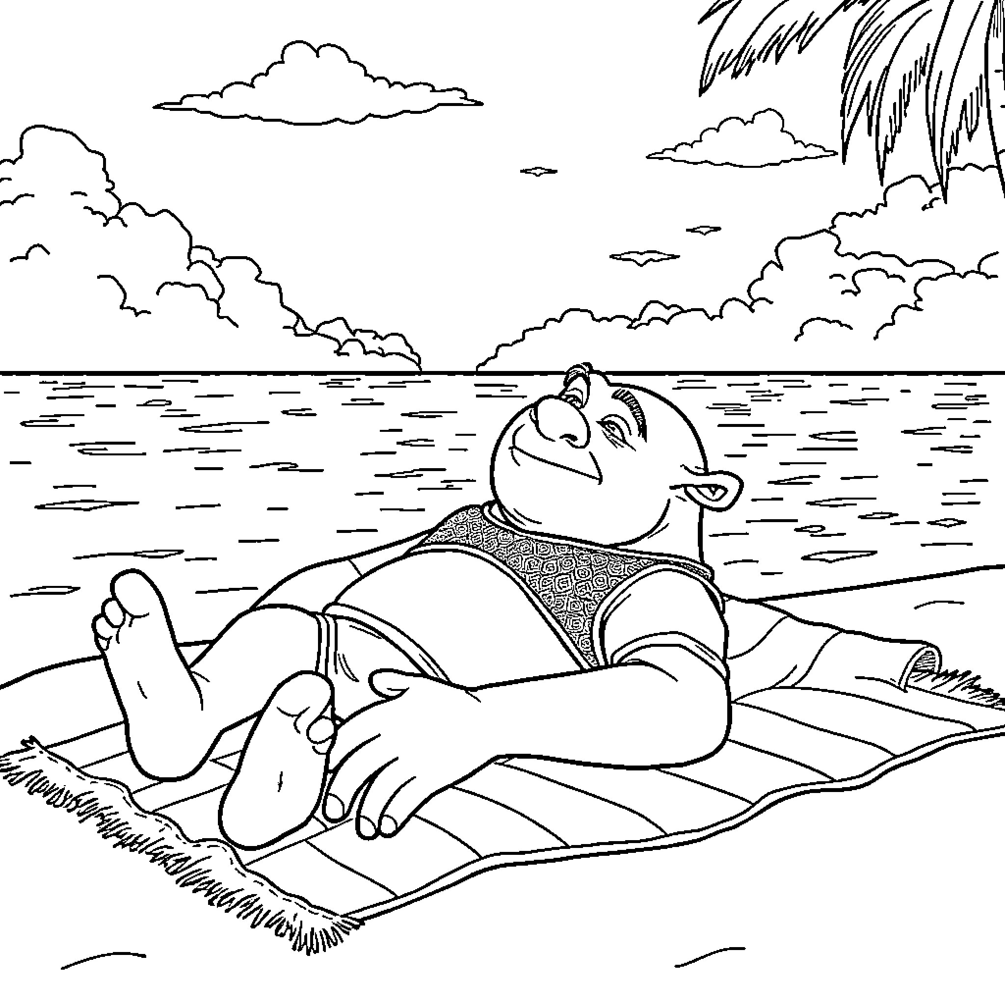 Shrek relaxing on the beach Coloring Page (free black-and-white line drawing printable PDF for all, from beginners to advanced learners, including children, teens, adults, and seniors)