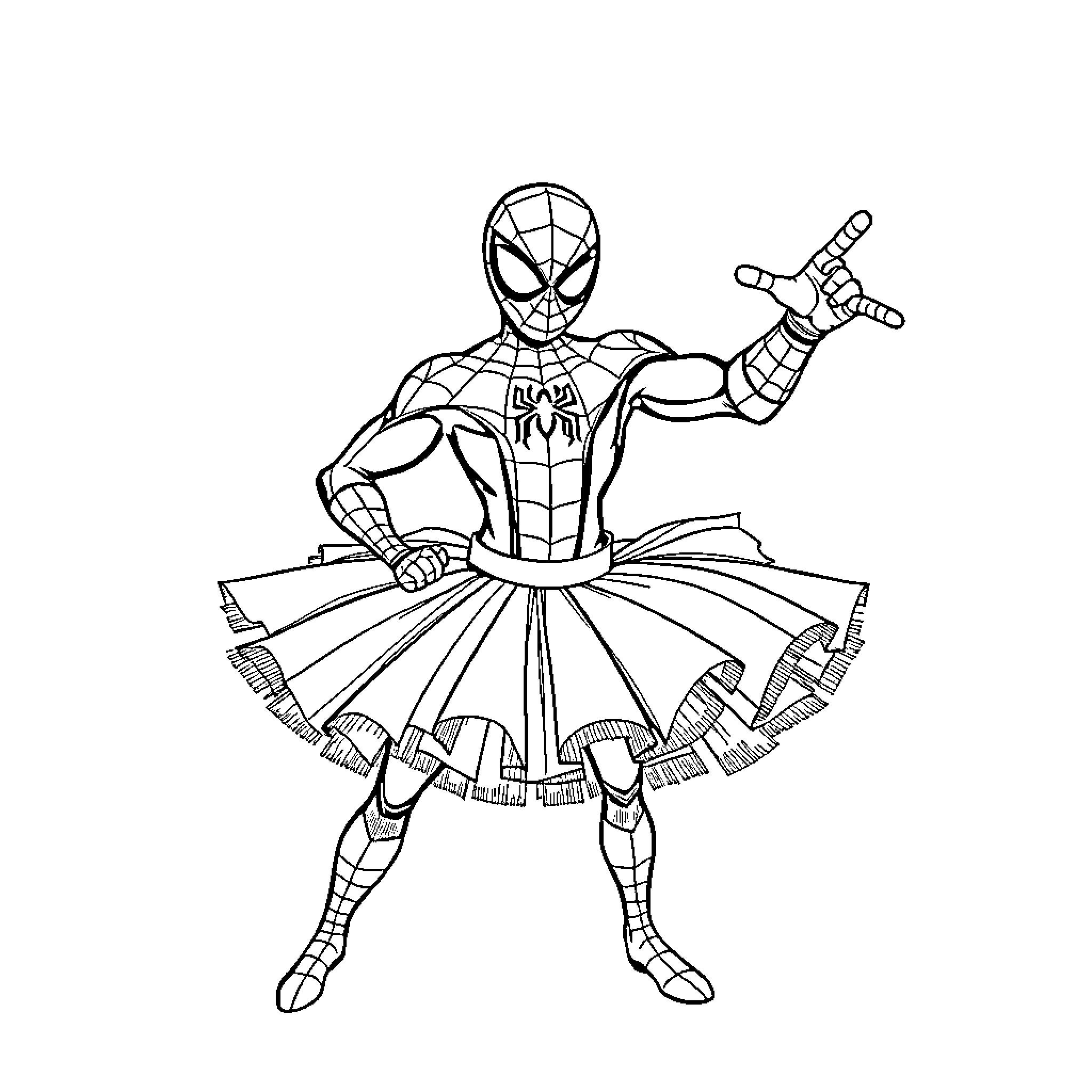 Spiderman in Ballerina Outfit Striking Pose Coloring Page (free black-and-white line drawing printable PDF for all, from beginners to advanced learners, including children, teens, adults, and seniors)