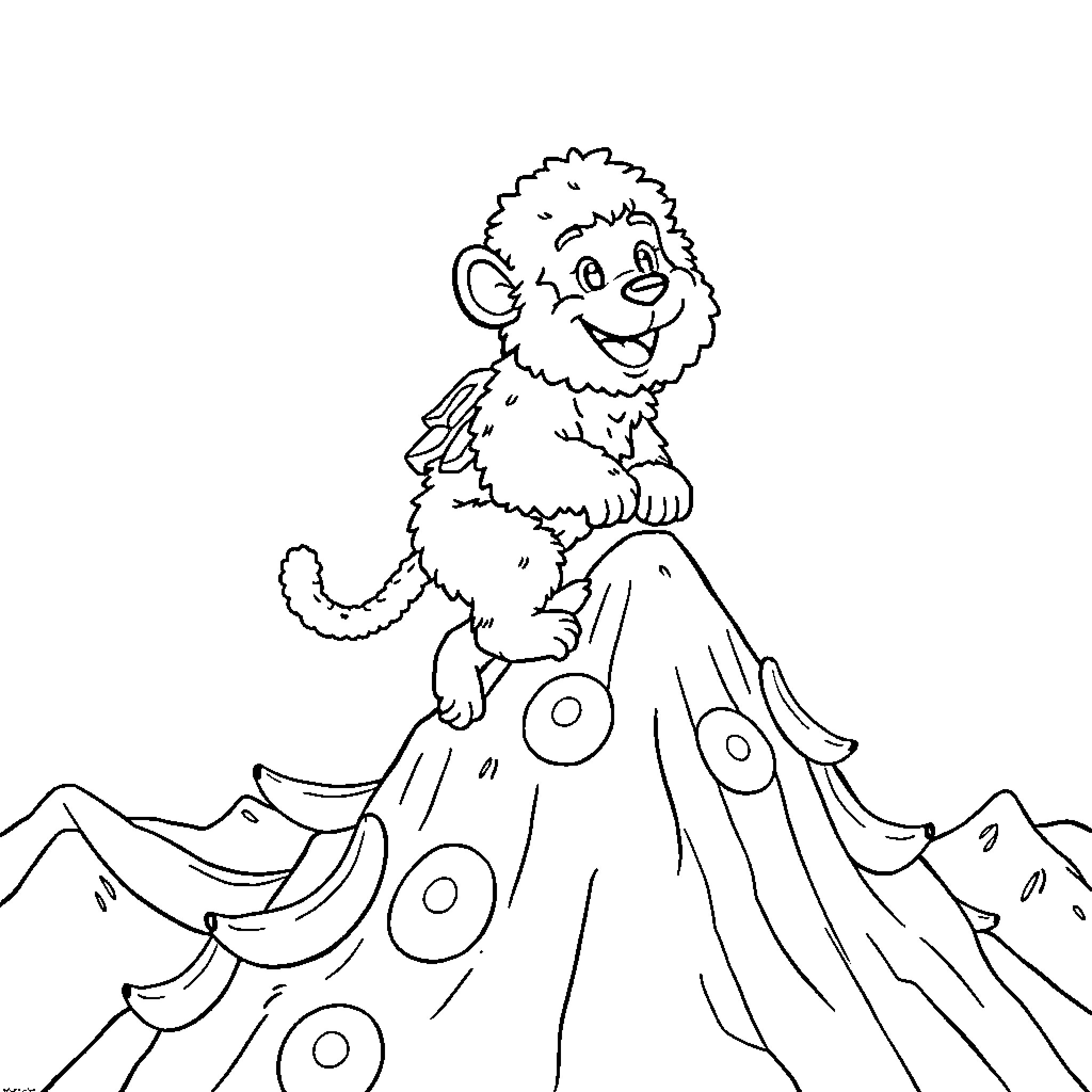 Monkey in a colorful mountain scene Coloring Page (free black-and-white line drawing printable PDF for all, from beginners to advanced learners, including children, teens, adults, and seniors)
