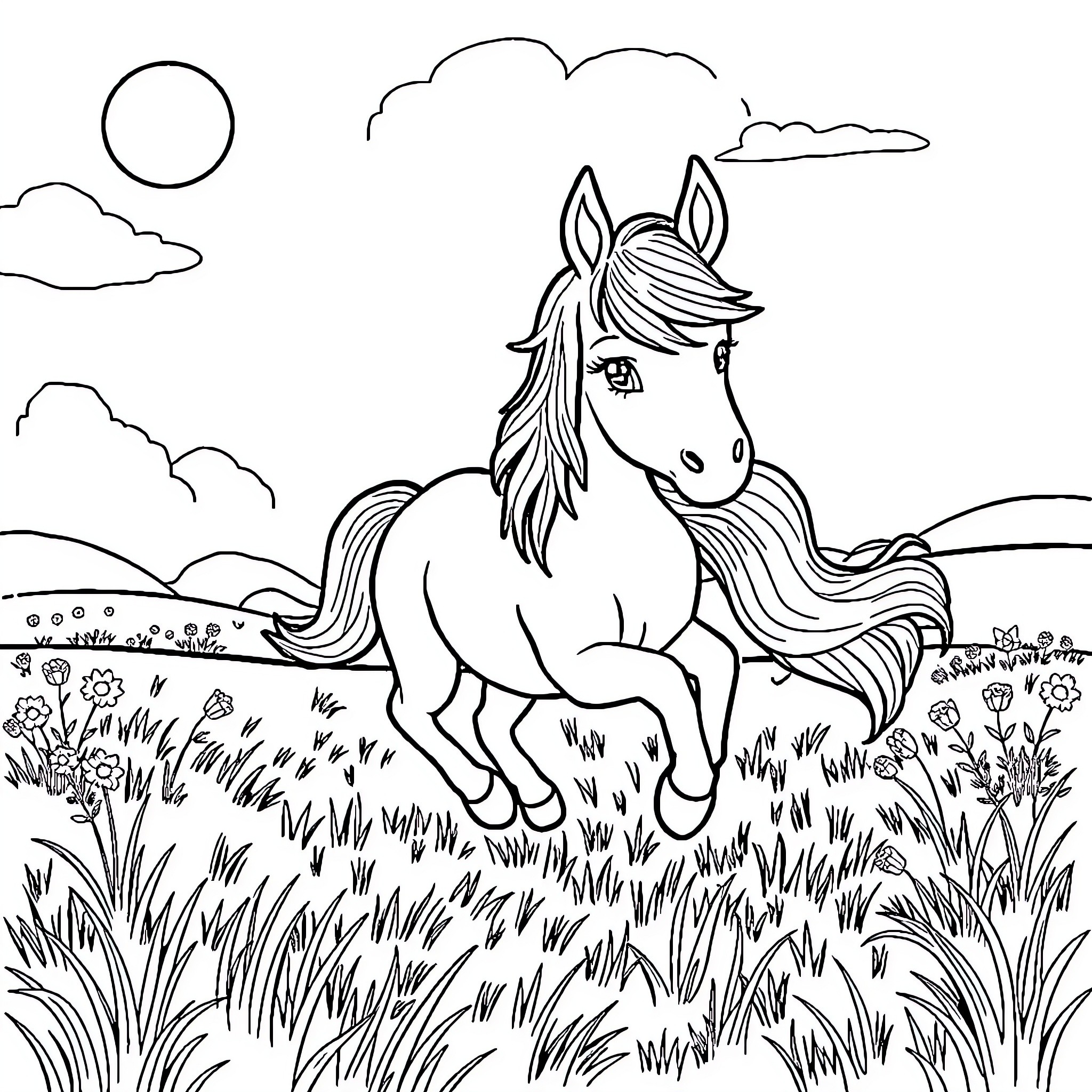 Pony enjoying a peaceful day in the meadow Coloring Page (free black-and-white line drawing printable PDF for all, from beginners to advanced learners, including children, teens, adults, and seniors)