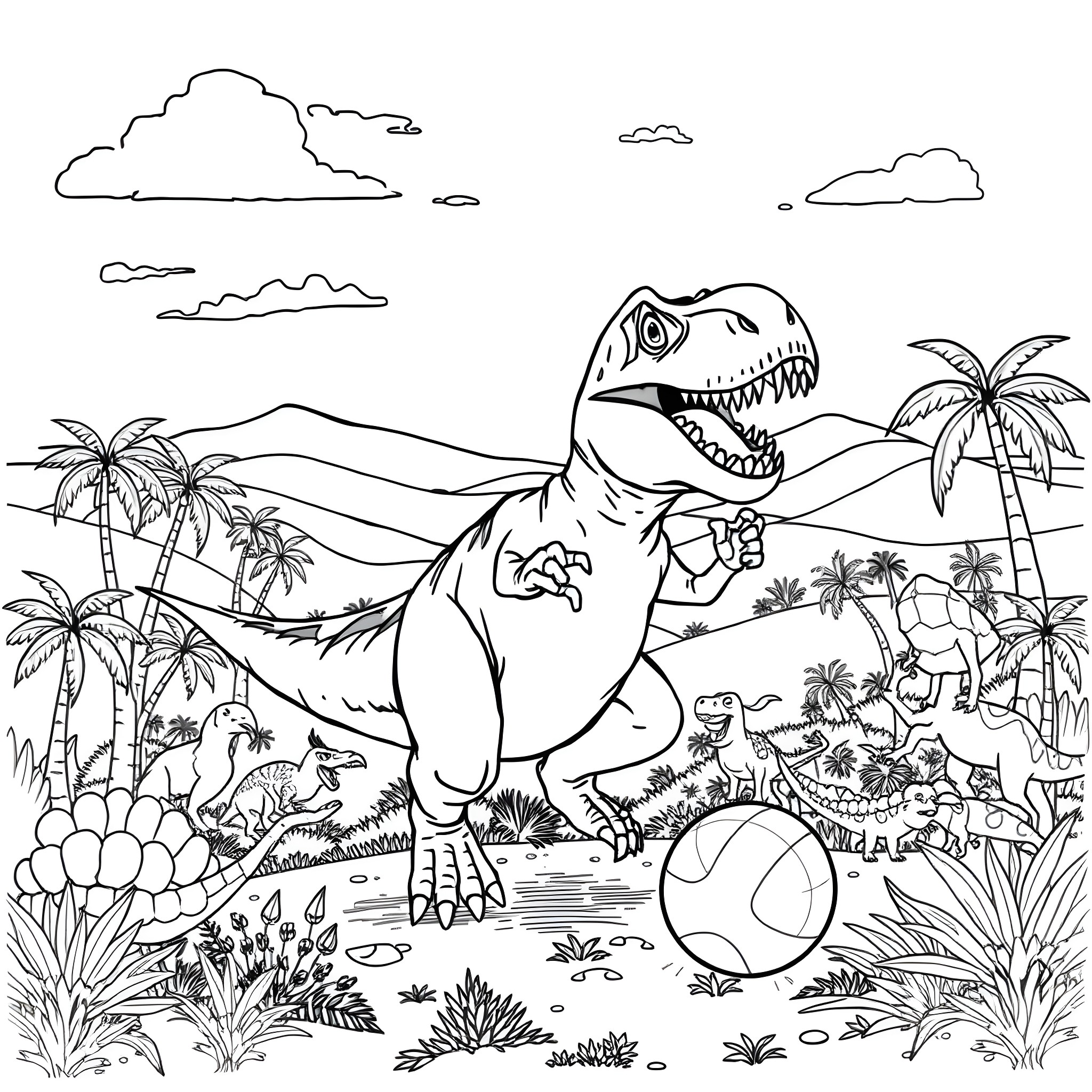 T-Rex stomping through lush prehistoric landscape Coloring Page (free black-and-white line drawing printable PDF for all, from beginners to advanced learners, including children, teens, adults, and seniors)