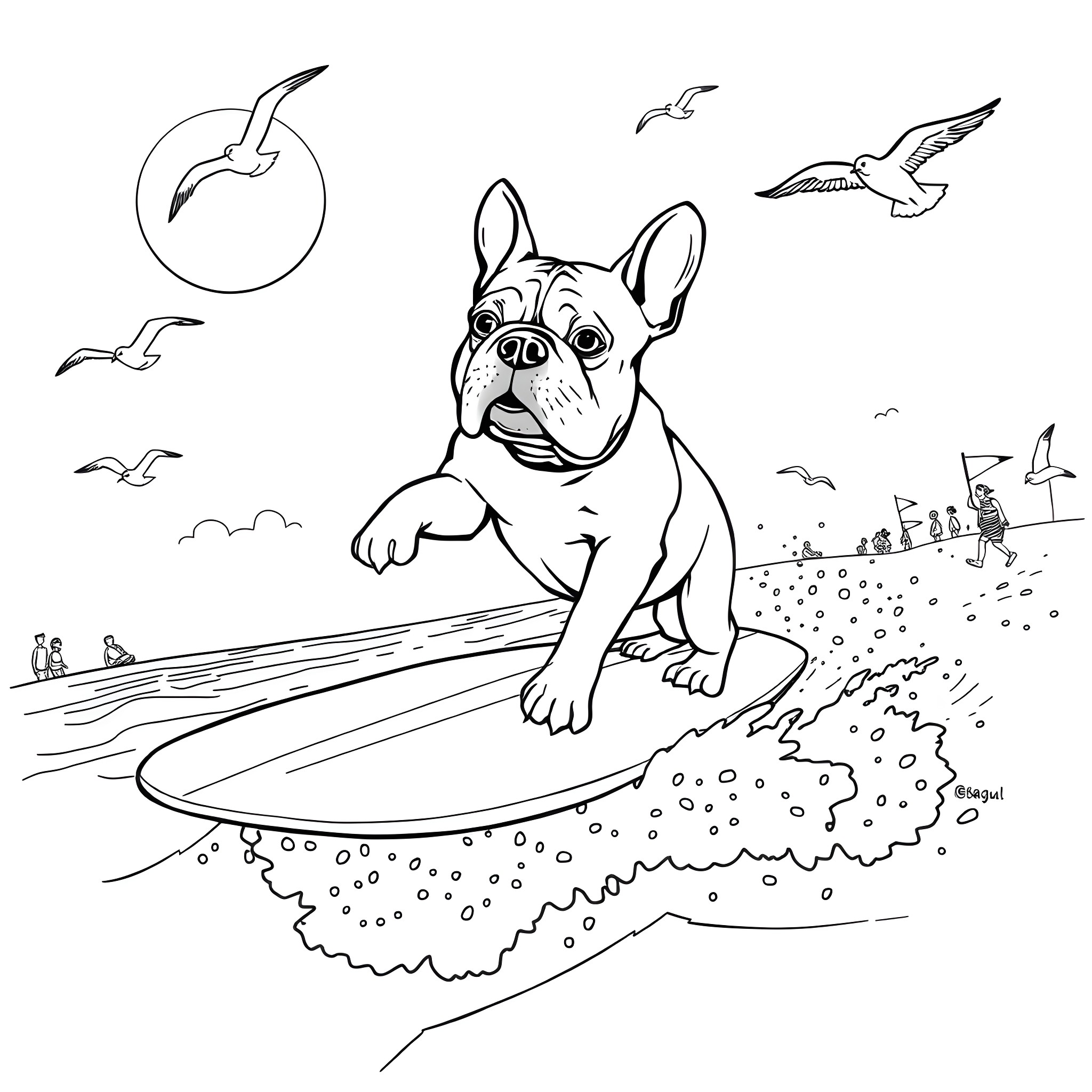 Bulldog riding surfboard on the beach Coloring Page (free black-and-white line drawing printable PDF for all, from beginners to advanced learners, including children, teens, adults, and seniors)