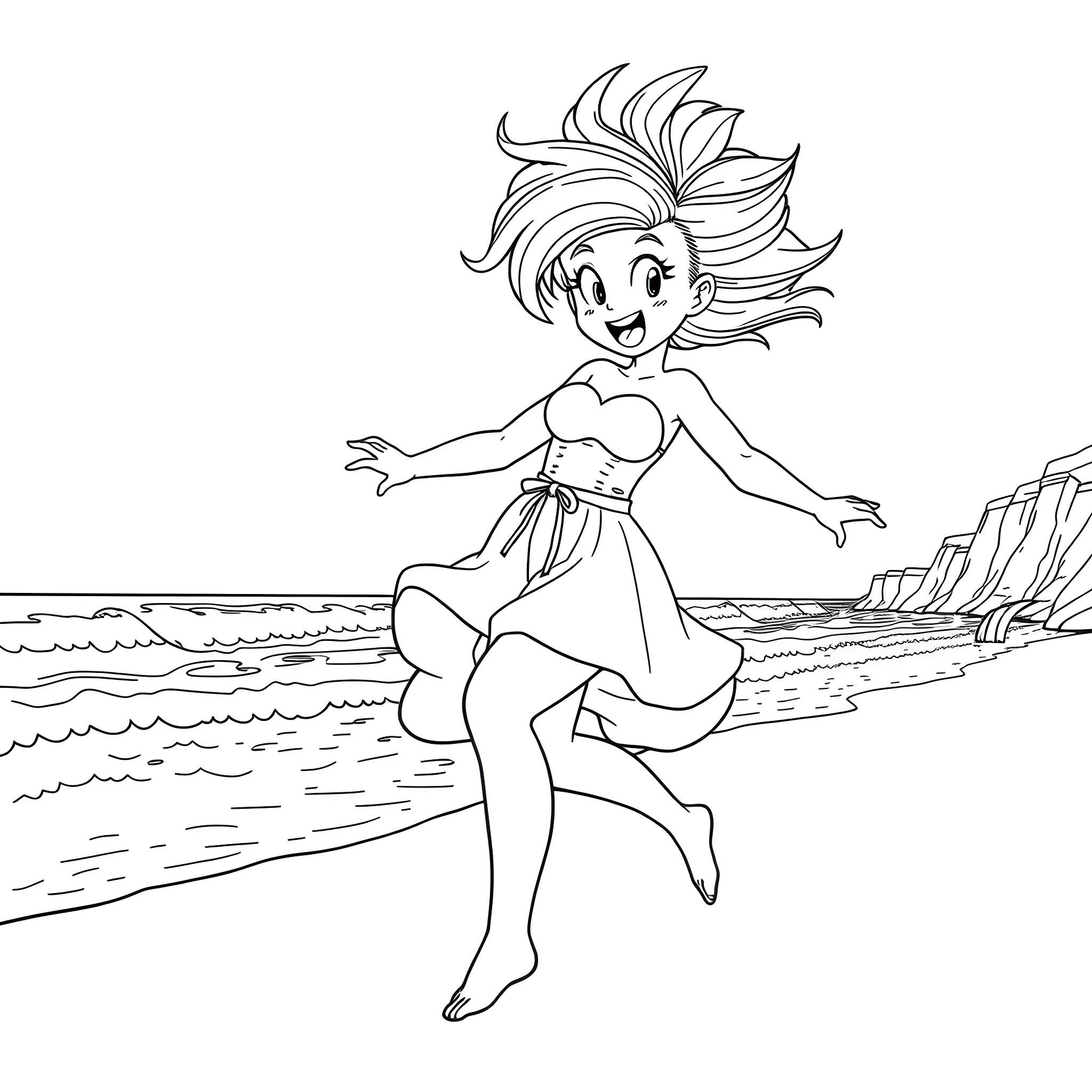 Bulma dancing joyfully on the beach Coloring Page (free black-and-white line drawing printable PDF for all, from beginners to advanced learners, including children, teens, adults, and seniors)