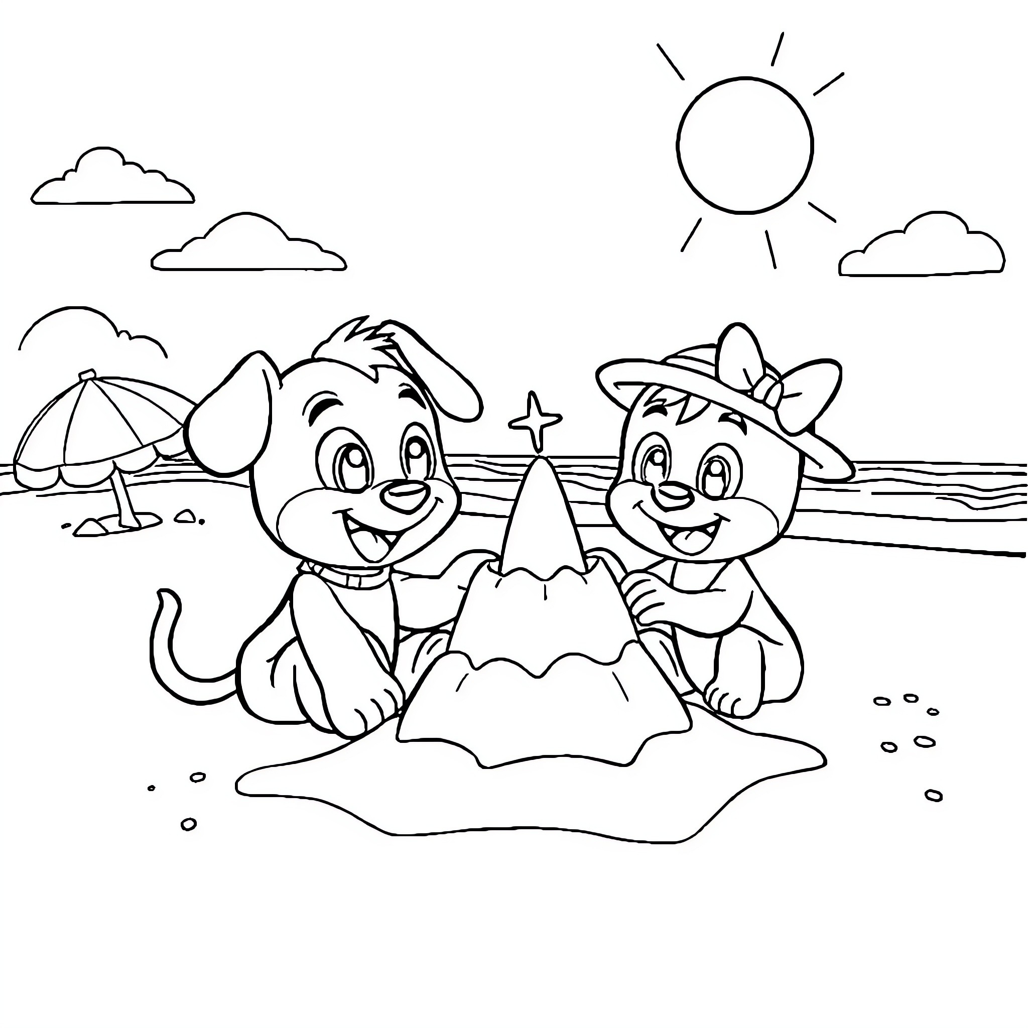 Bluey and friends enjoying a day at the beach Coloring Page (free black-and-white line drawing printable PDF for all, from beginners to advanced learners, including children, teens, adults, and seniors)
