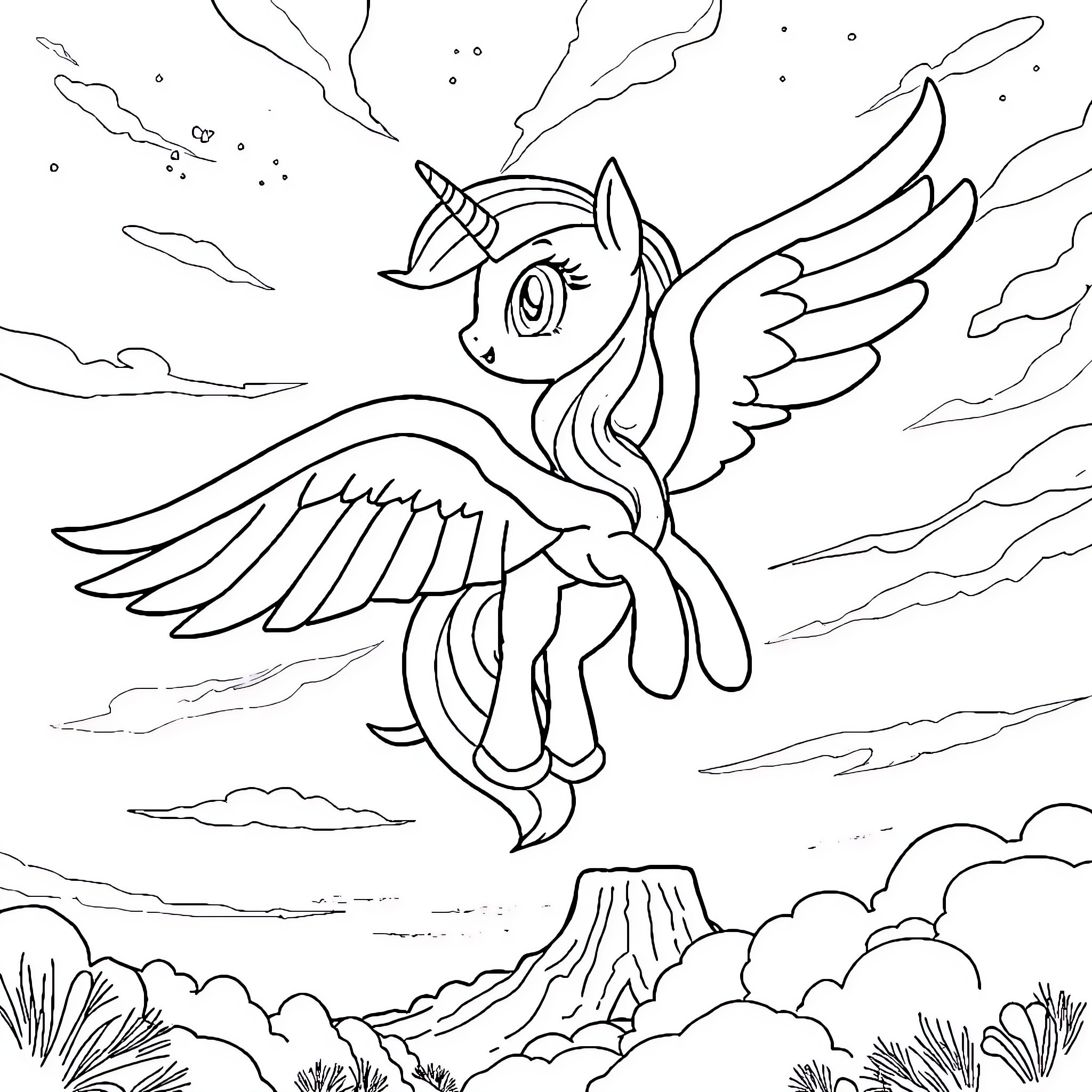 Twilight Sparkle soaring through the magical sky Coloring Page (free black-and-white line drawing printable PDF for all, from beginners to advanced learners, including children, teens, adults, and seniors)