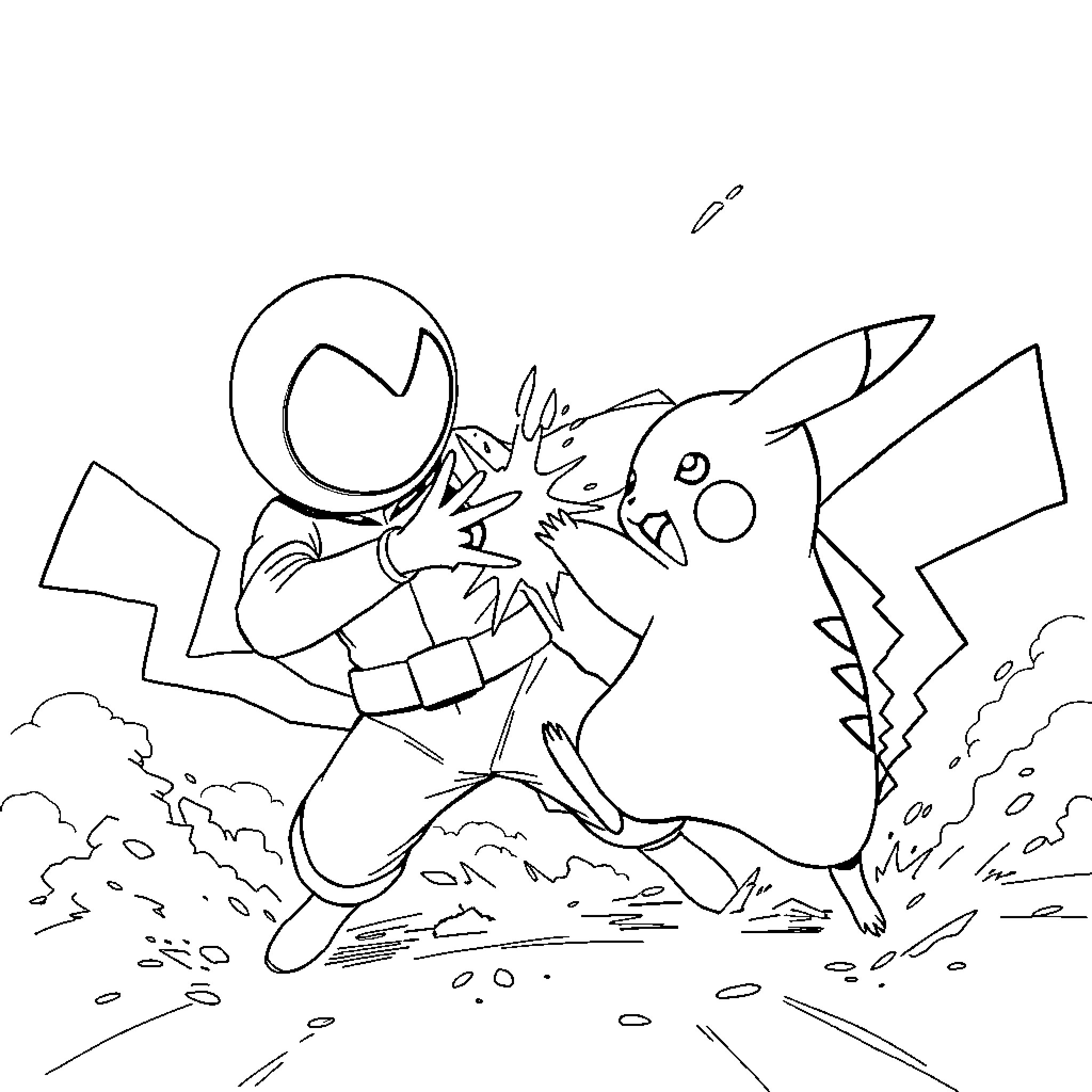 Pikachu battling a fierce opponent Coloring Page (free black-and-white line drawing printable PDF for all, from beginners to advanced learners, including children, teens, adults, and seniors)