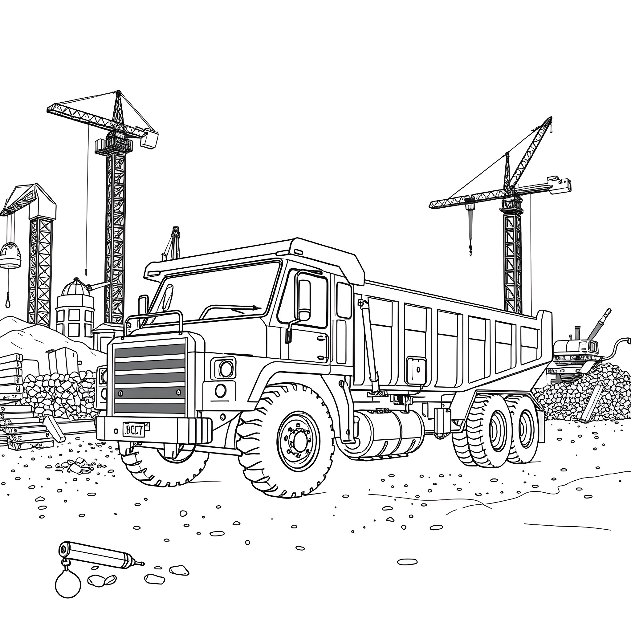 Dump Trailer Hauling Materials at Construction Site Coloring Page (free black-and-white line drawing printable PDF for all, from beginners to advanced learners, including children, teens, adults, and seniors)