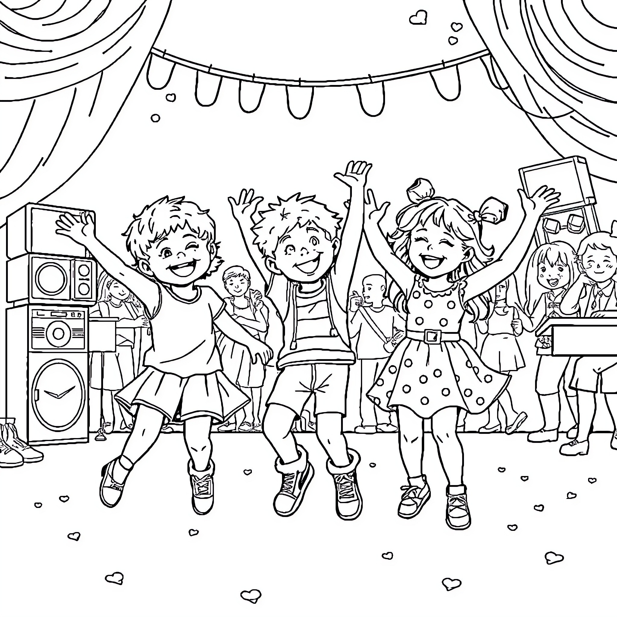 Child dance party with happy kids Coloring Page (free black-and-white line drawing printable PDF for all, from beginners to advanced learners, including children, teens, adults, and seniors)