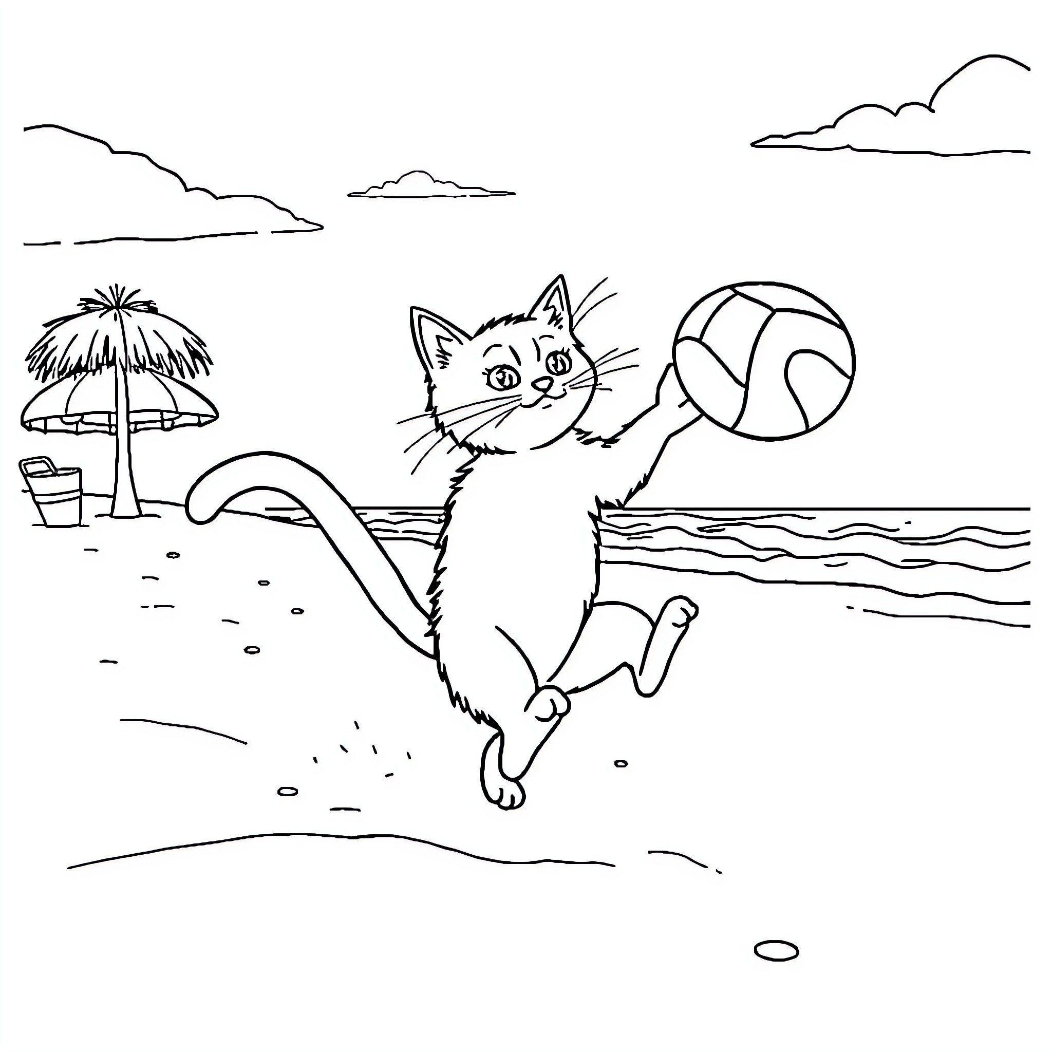 Cat chasing beach ball on sunny seaside Coloring Page (free black-and-white line drawing printable PDF for all, from beginners to advanced learners, including children, teens, adults, and seniors)