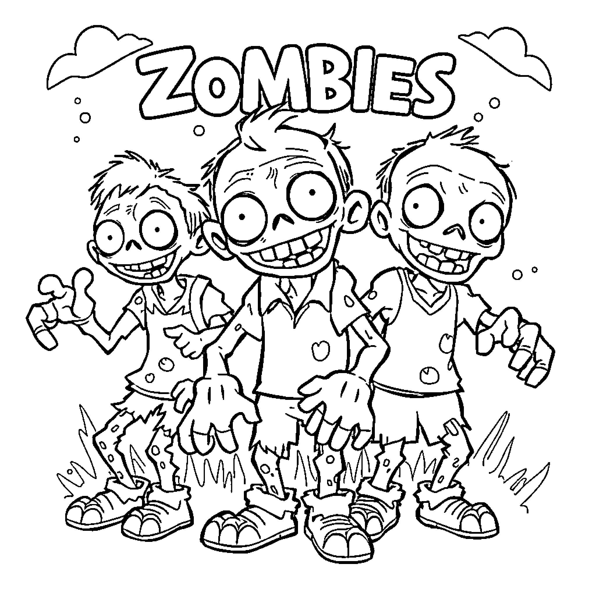 Zombie children with silly expressions and costumes Coloring Page (free black-and-white line drawing printable PDF for all, from beginners to advanced learners, including children, teens, adults, and seniors)