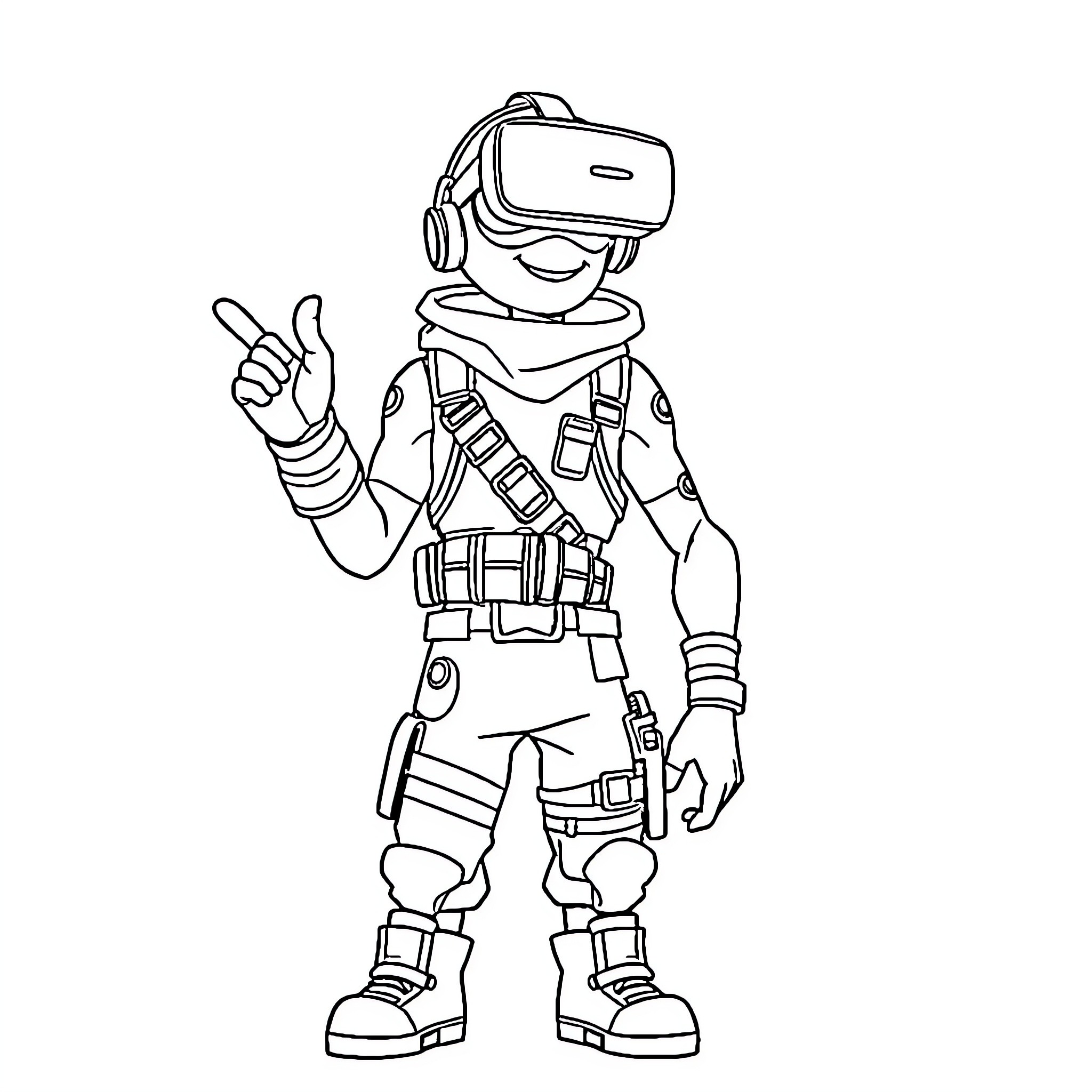 Fortnite Character using Virtual Reality Headset Coloring Page (free black-and-white line drawing printable PDF for all, from beginners to advanced learners, including children, teens, adults, and seniors)