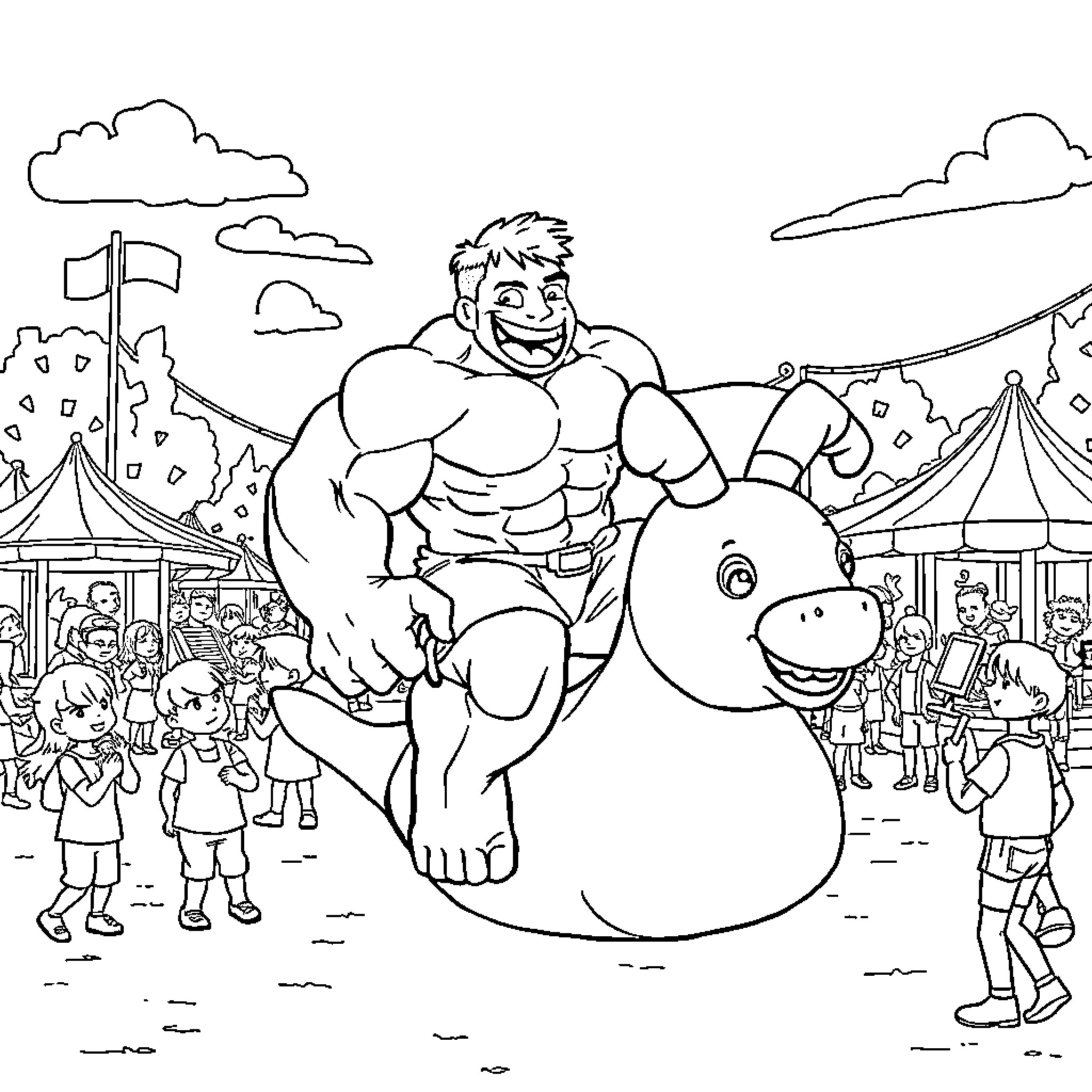 Hulk Entertains Children at Carnival Coloring Page (free black-and-white line drawing printable PDF for all, from beginners to advanced learners, including children, teens, adults, and seniors)