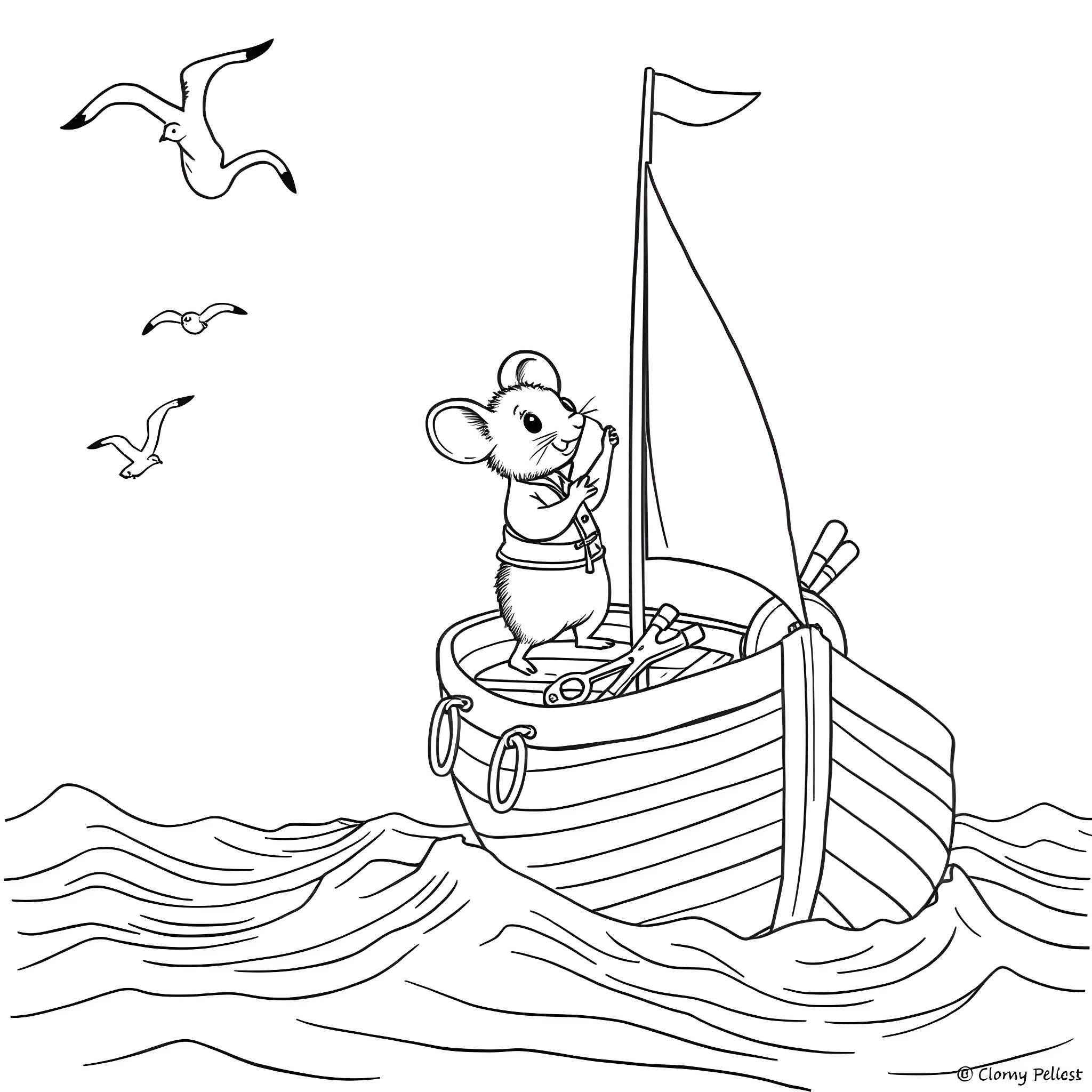 Mouse sailing happily in a boat on the ocean Coloring Page (free black-and-white line drawing printable PDF for all, from beginners to advanced learners, including children, teens, adults, and seniors)