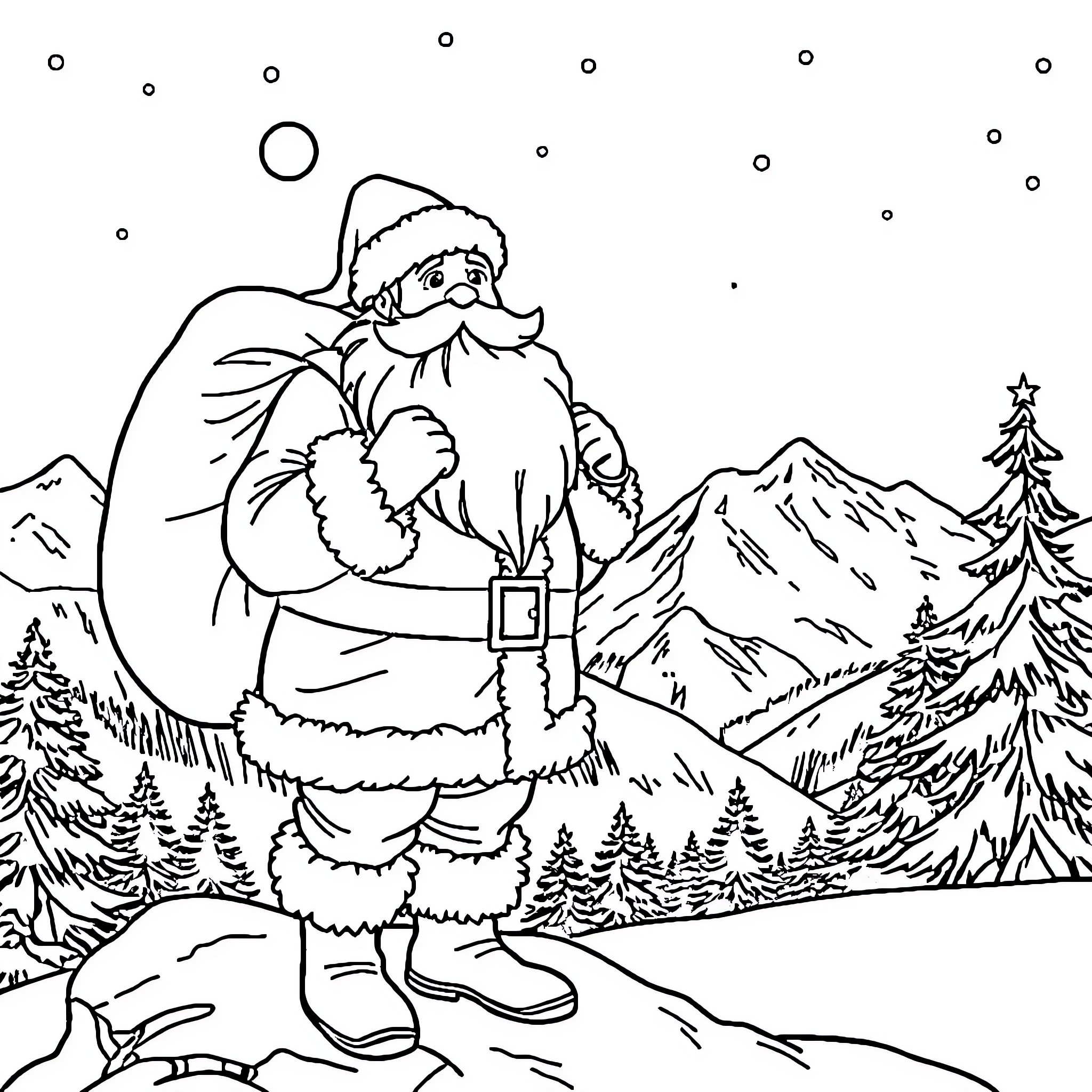Santa Claus walking through a snowy landscape Coloring Page (free black-and-white line drawing printable PDF for all, from beginners to advanced learners, including children, teens, adults, and seniors)