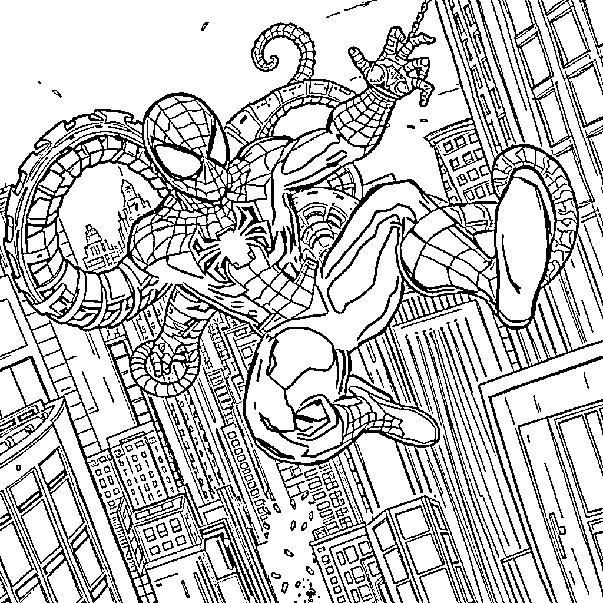 Spiderman swinging through the city skyline Coloring Page (free black-and-white line drawing printable PDF for all, from beginners to advanced learners, including children, teens, adults, and seniors)