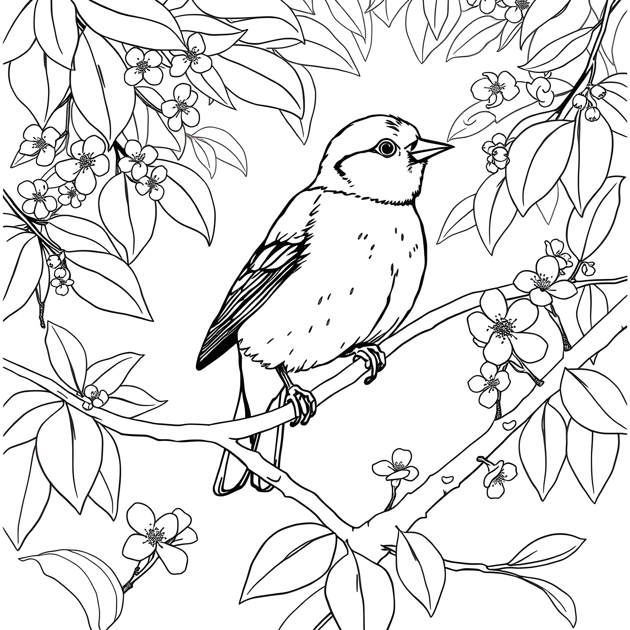 Goldfinch perched among flowering branches Coloring Page (free black-and-white line drawing printable PDF for all, from beginners to advanced learners, including children, teens, adults, and seniors)