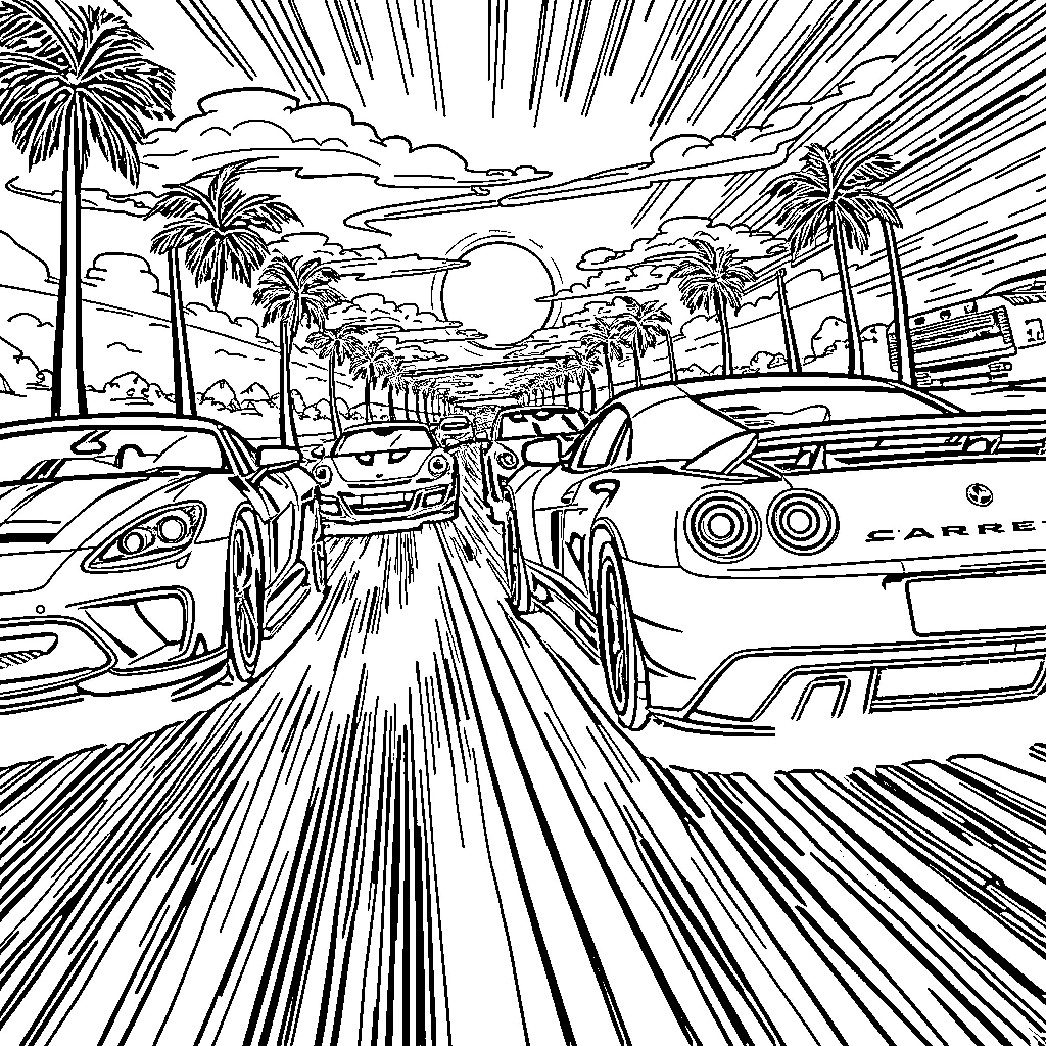 Car racing through tropical landscape Coloring Page (free black-and-white line drawing printable PDF for all, from beginners to advanced learners, including children, teens, adults, and seniors)