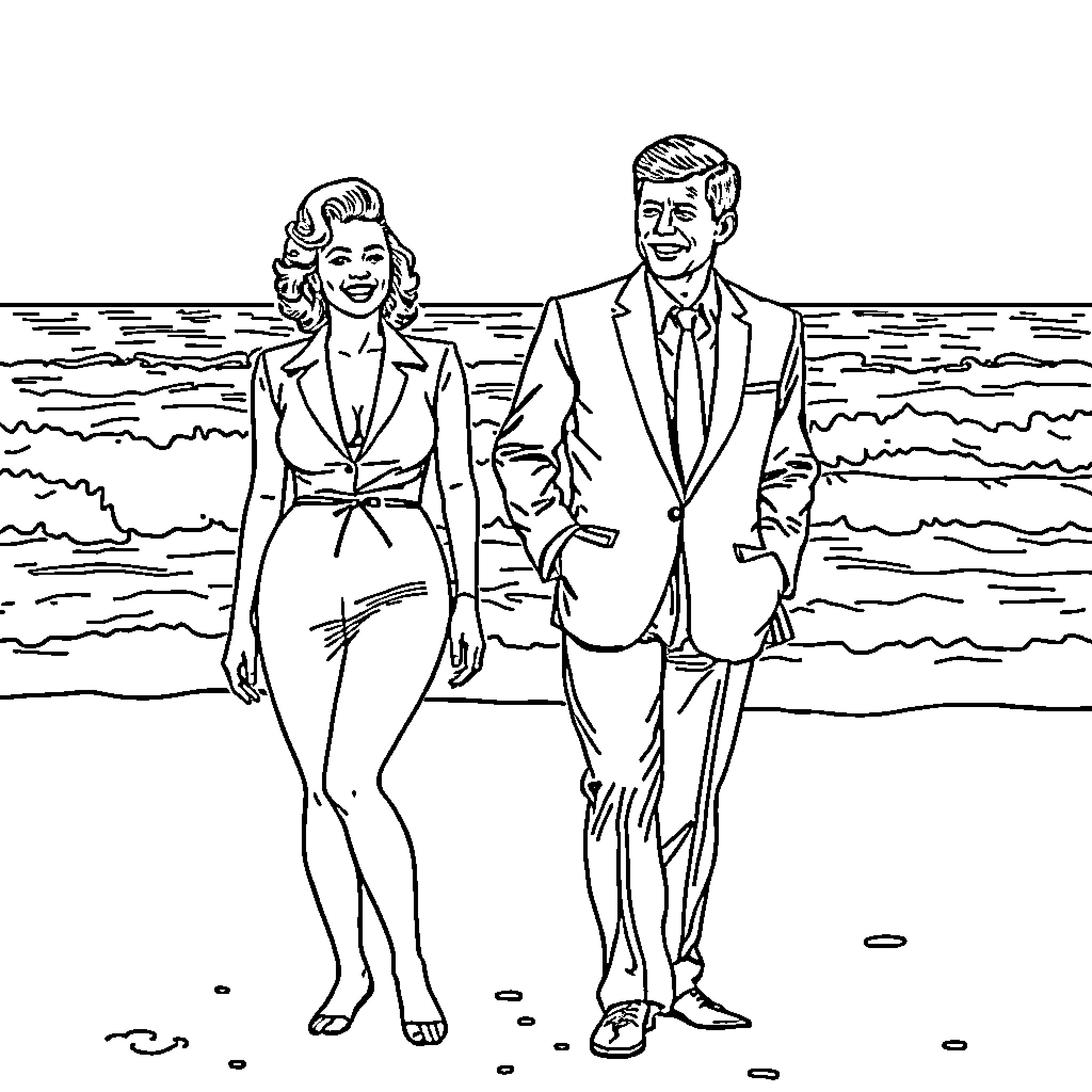 Marilyn Monroe and Companion Strolling on the Beach Coloring Page (free black-and-white line drawing printable PDF for all, from beginners to advanced learners, including children, teens, adults, and seniors)