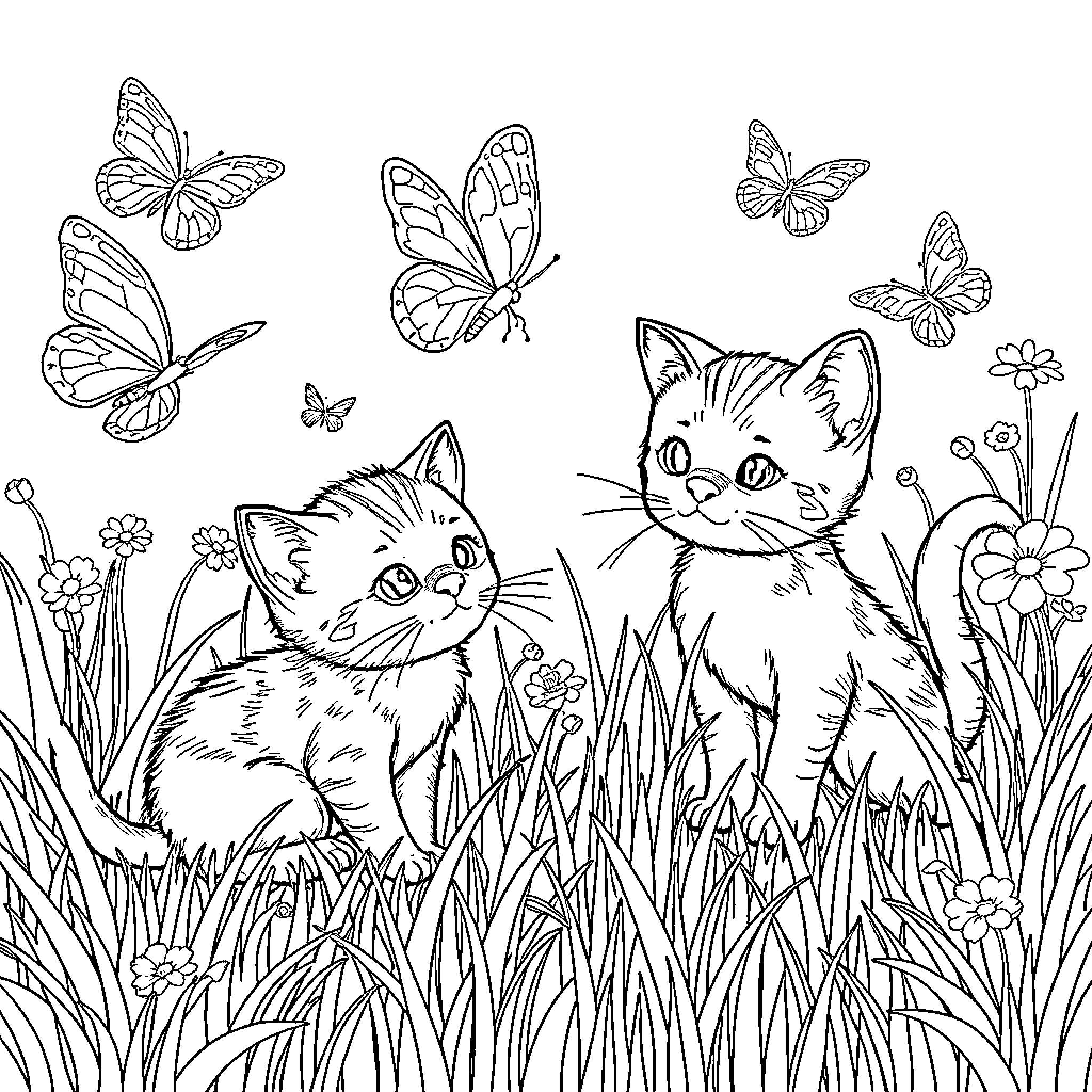 Kitty Playing Amidst Butterflies and Flowers Coloring Page (free black-and-white line drawing printable PDF for all, from beginners to advanced learners, including children, teens, adults, and seniors)