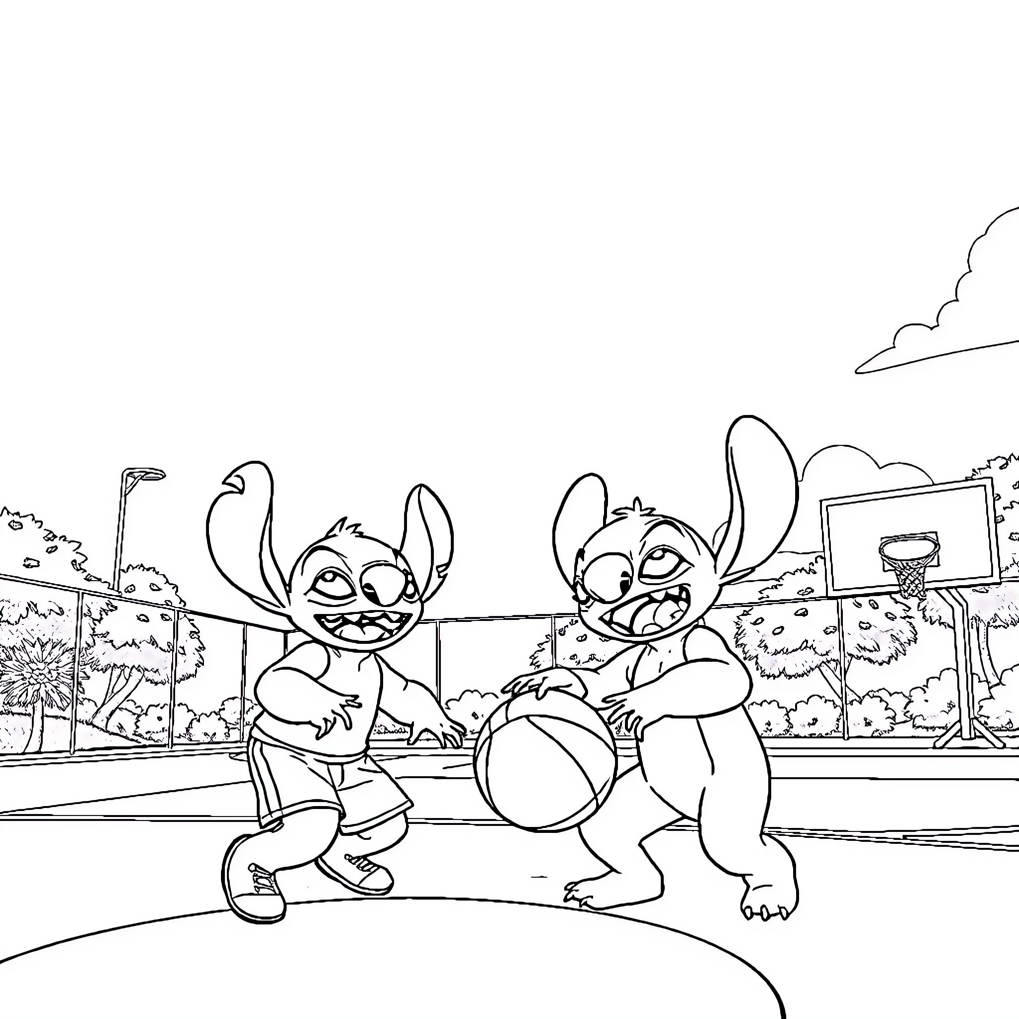 Lilo and Stitch playing basketball in the park Coloring Page (free black-and-white line drawing printable PDF for all, from beginners to advanced learners, including children, teens, adults, and seniors)