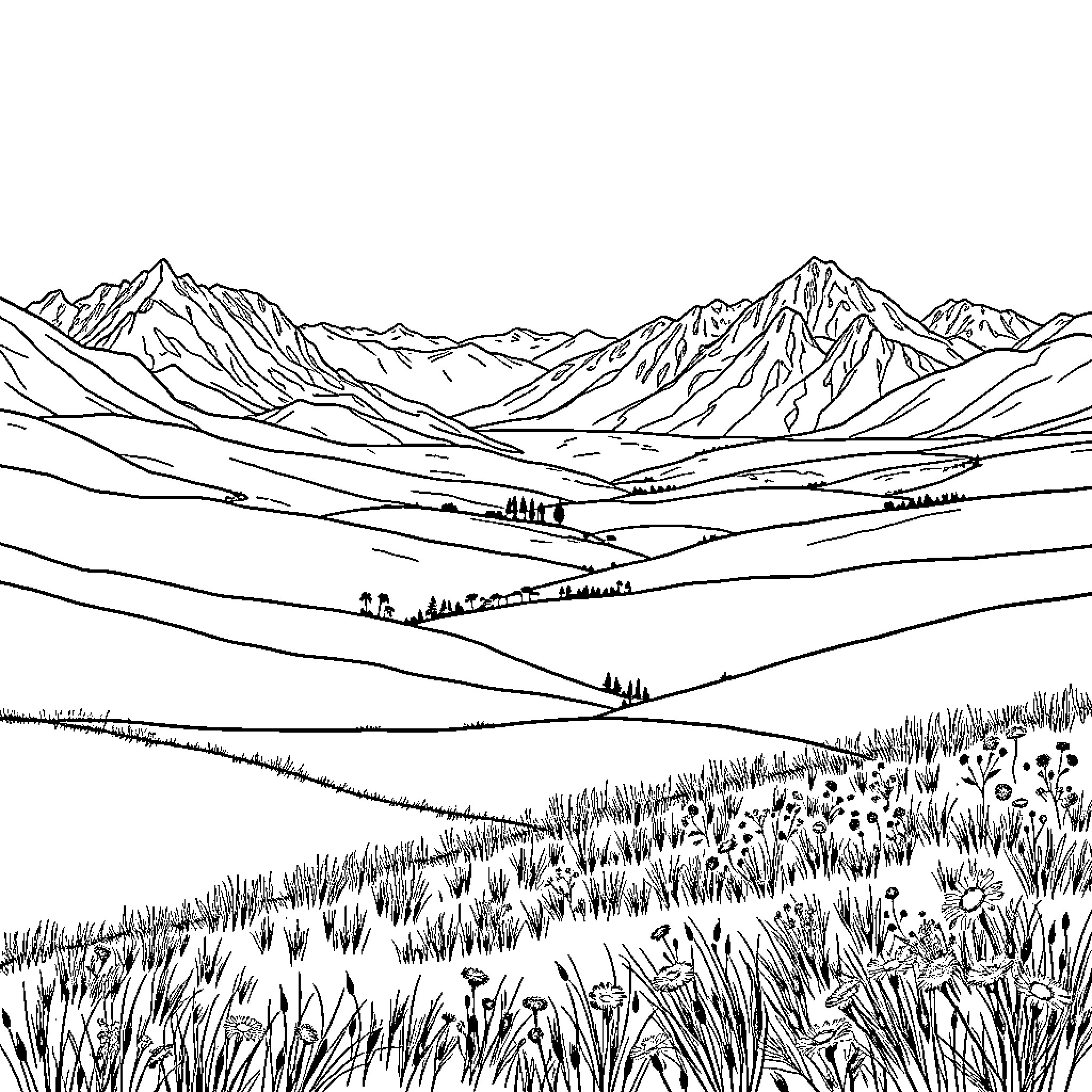 Valley of Majestic Mountains and Serene Landscapes Coloring Page (free black-and-white line drawing printable PDF for all, from beginners to advanced learners, including children, teens, adults, and seniors)