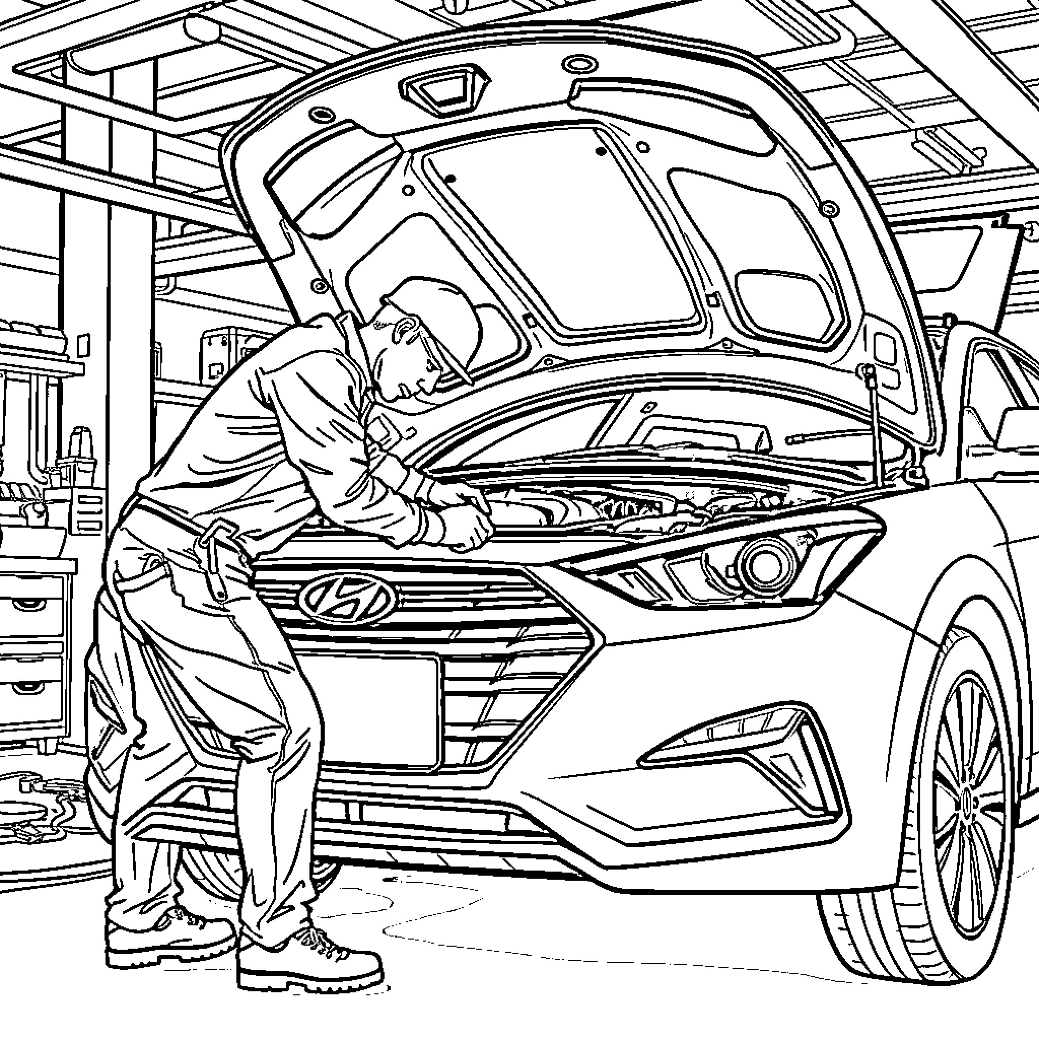 Mechanic inspecting and repairing a car in the workshop Coloring Page (free black-and-white line drawing printable PDF for all, from beginners to advanced learners, including children, teens, adults, and seniors)