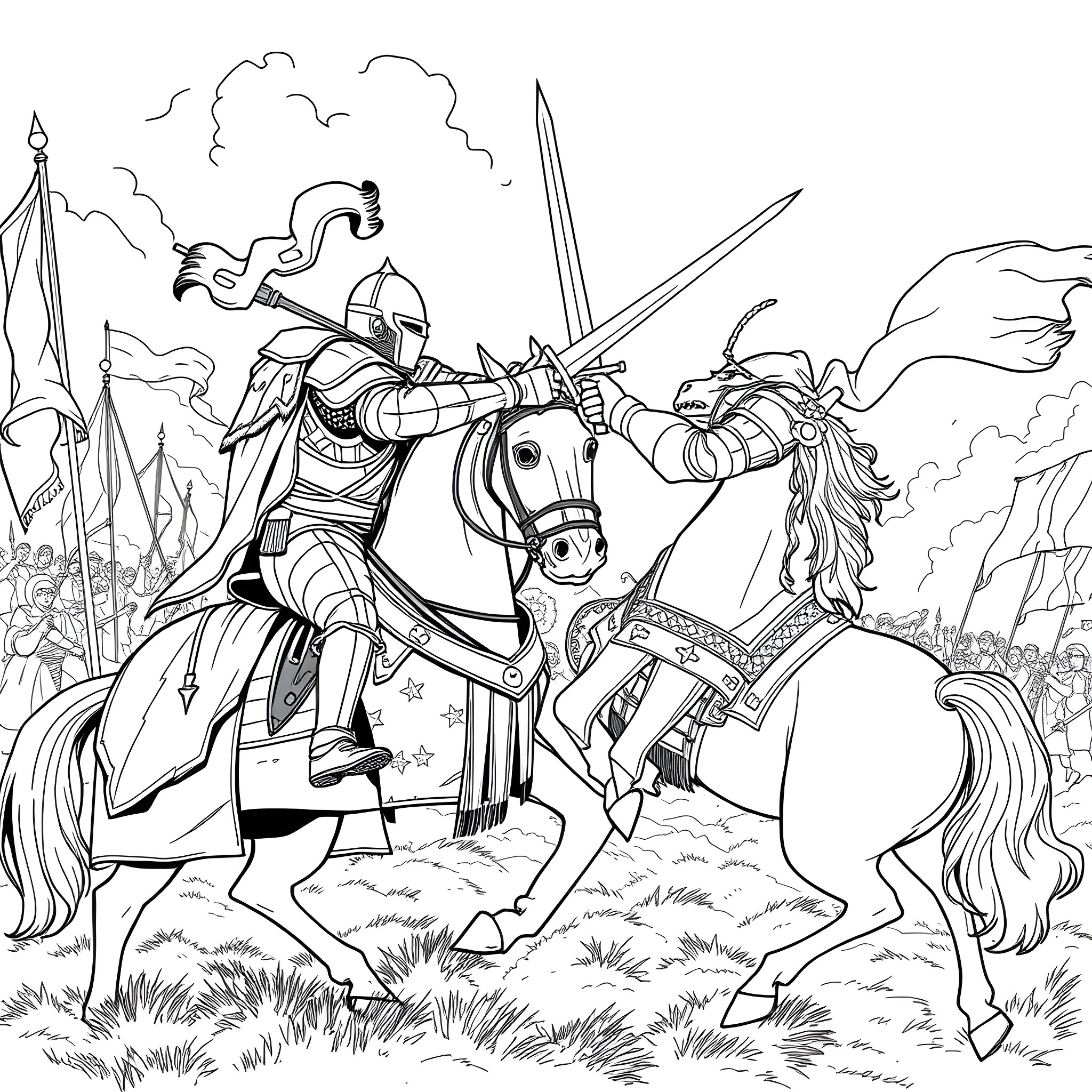 Horse Knight Charging Bravely into Battle Coloring Page (free black-and-white line drawing printable PDF for all, from beginners to advanced learners, including children, teens, adults, and seniors)