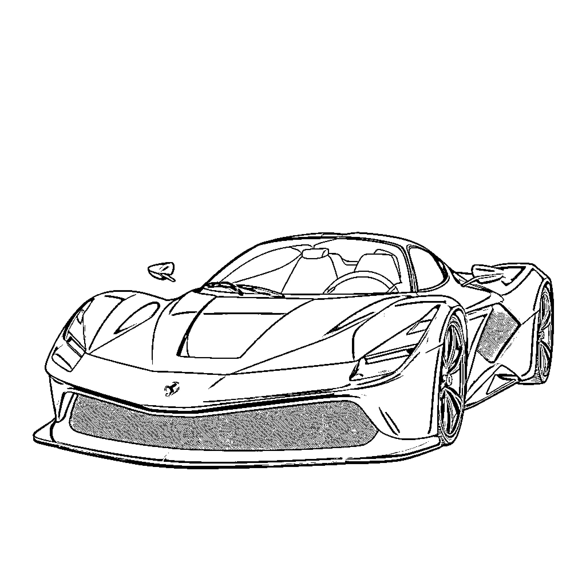 Ferrari supercar in dynamic racing design Coloring Page (free black-and-white line drawing printable PDF for all, from beginners to advanced learners, including children, teens, adults, and seniors)