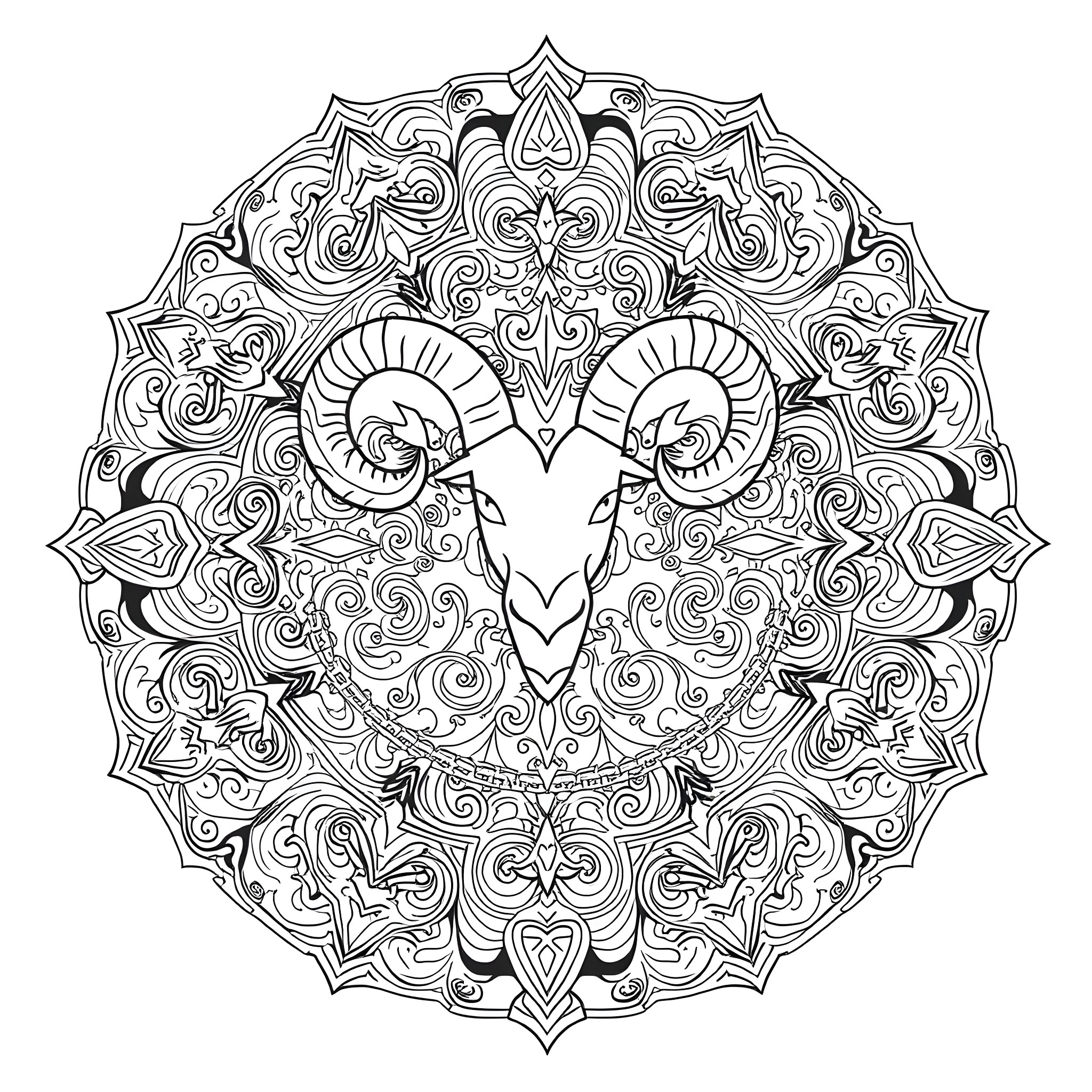 Aries zodiac symbol in ornate mandala design Coloring Page (free black-and-white line drawing printable PDF for all, from beginners to advanced learners, including children, teens, adults, and seniors)
