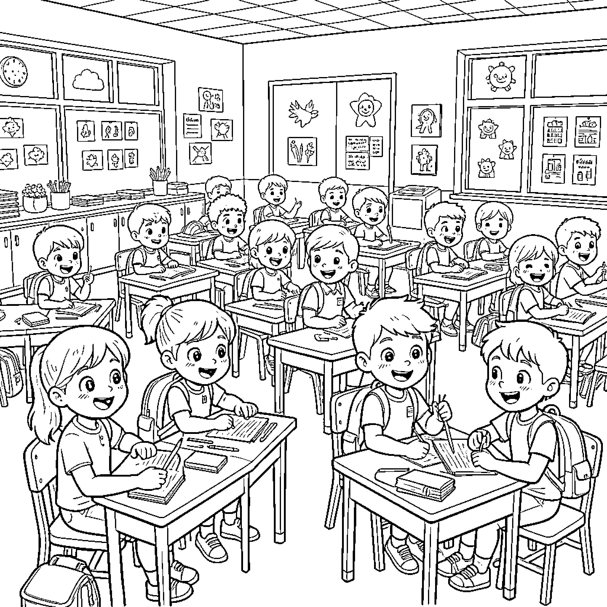 Kids studying and interacting at their classroom desks Coloring Page (free black-and-white line drawing printable PDF for all, from beginners to advanced learners, including children, teens, adults, and seniors)