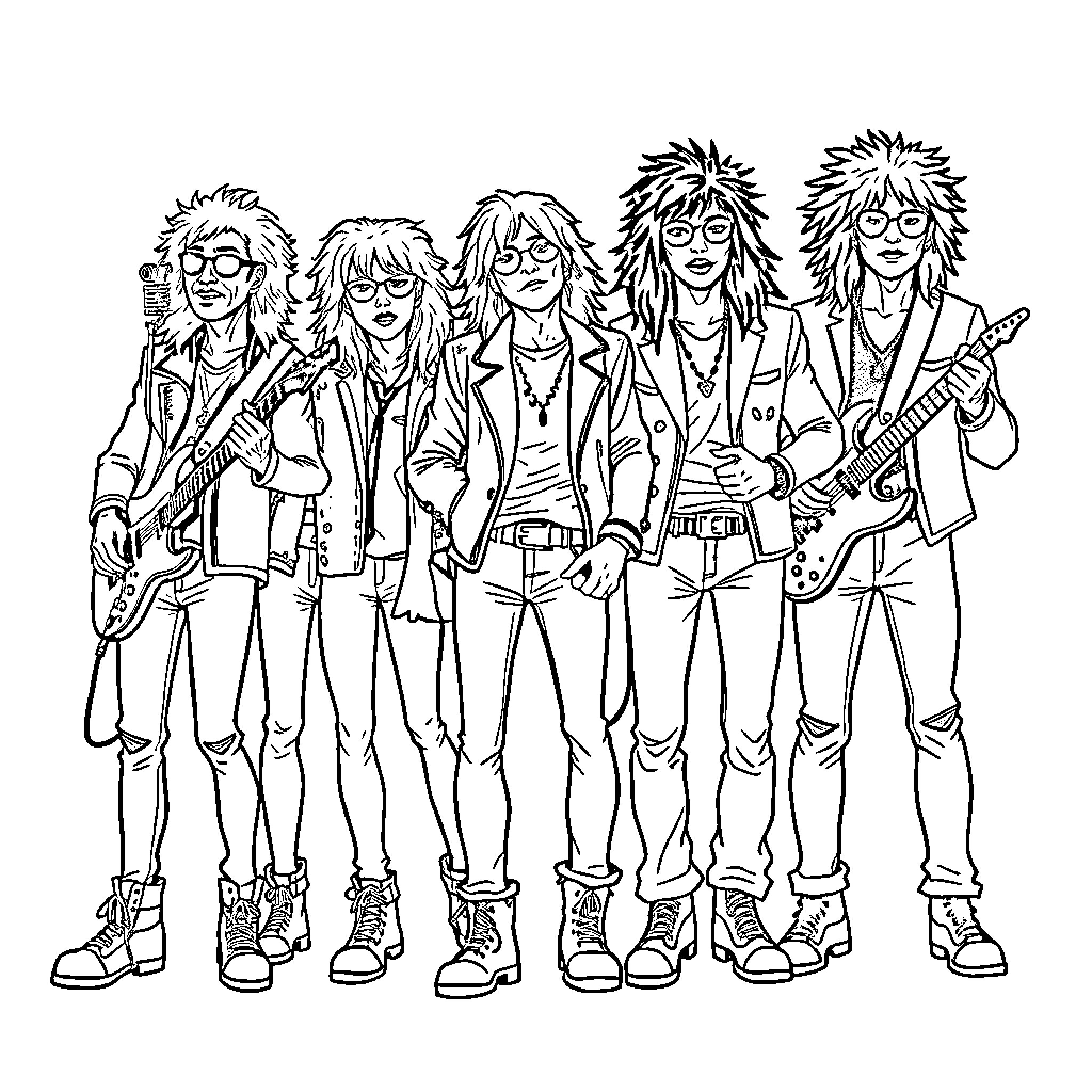 Singer band performing on stage in rock attire Coloring Page (free black-and-white line drawing printable PDF for all, from beginners to advanced learners, including children, teens, adults, and seniors)